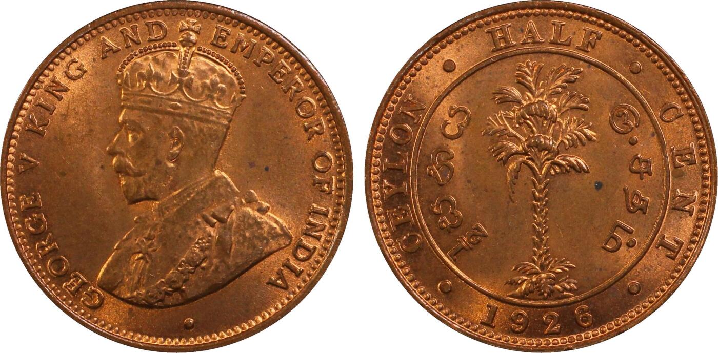 长老汇龙年精选第二十六场拍卖 1926英属锡兰乔治五世1/2分铜币，PCGS MS64RD，季军，更高17枚，eBay同分成交价285