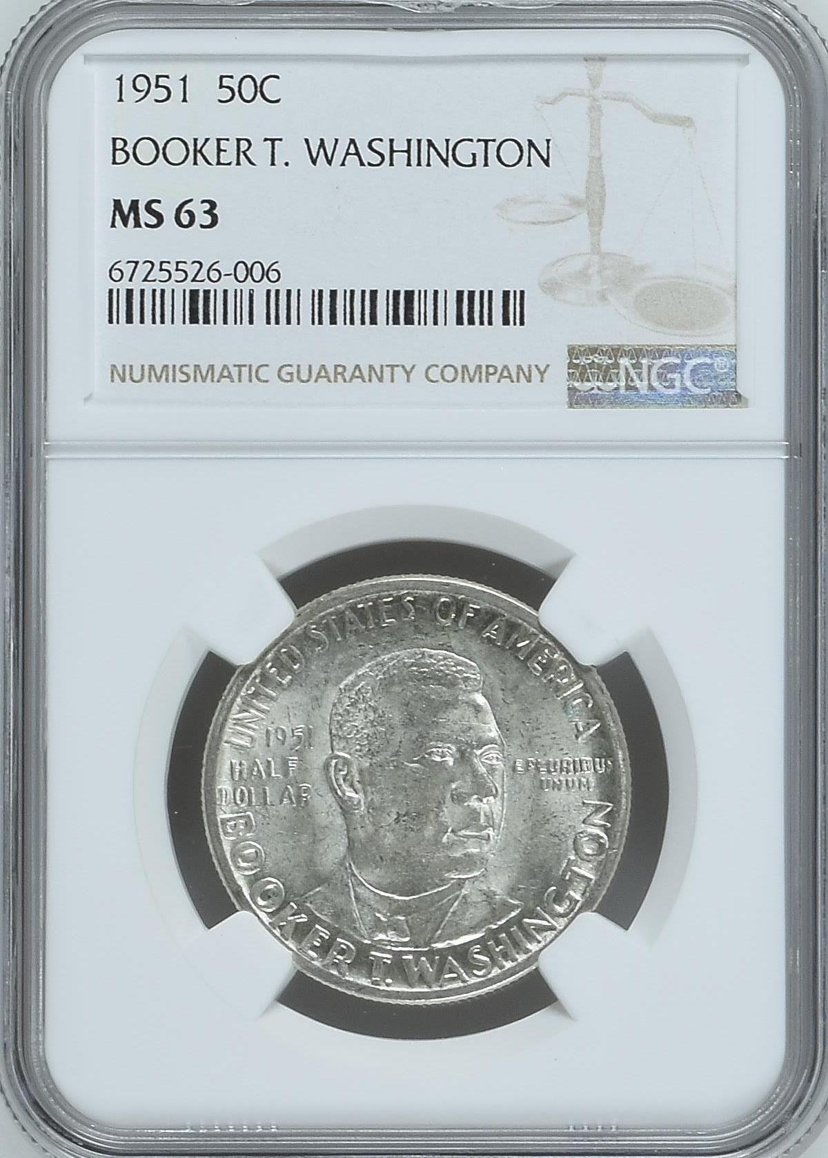 长老汇龙年精选第二十六场拍卖 1951 美国布克T华盛顿半圆银币，NGC MS63