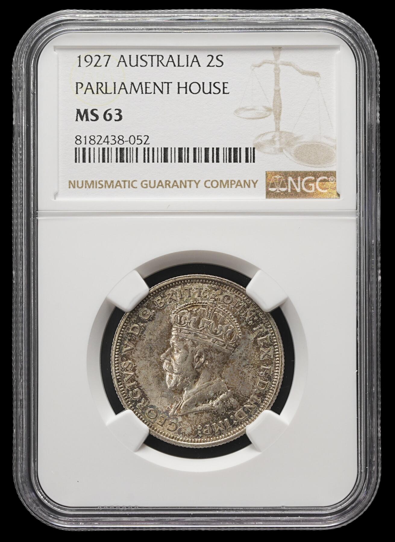 修遠堂世界钱币第三十七期 全场包邮 NGC MS63 1927年澳大利亚议会大厦纪念1佛罗林银币 五彩包浆