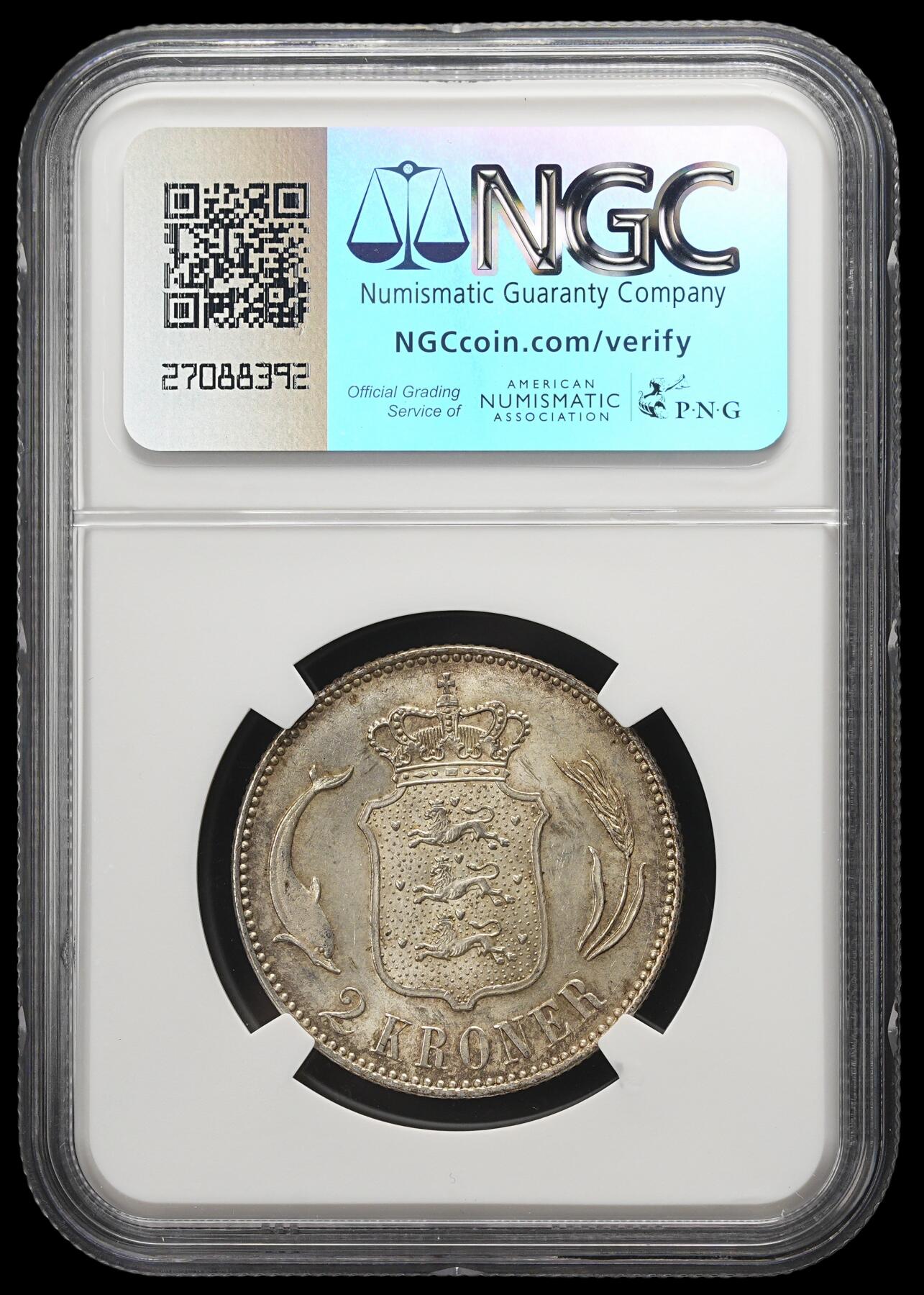 修遠堂世界钱币第三十七期 全场包邮 NGC MS61 1915年丹麦海豚2克朗银币