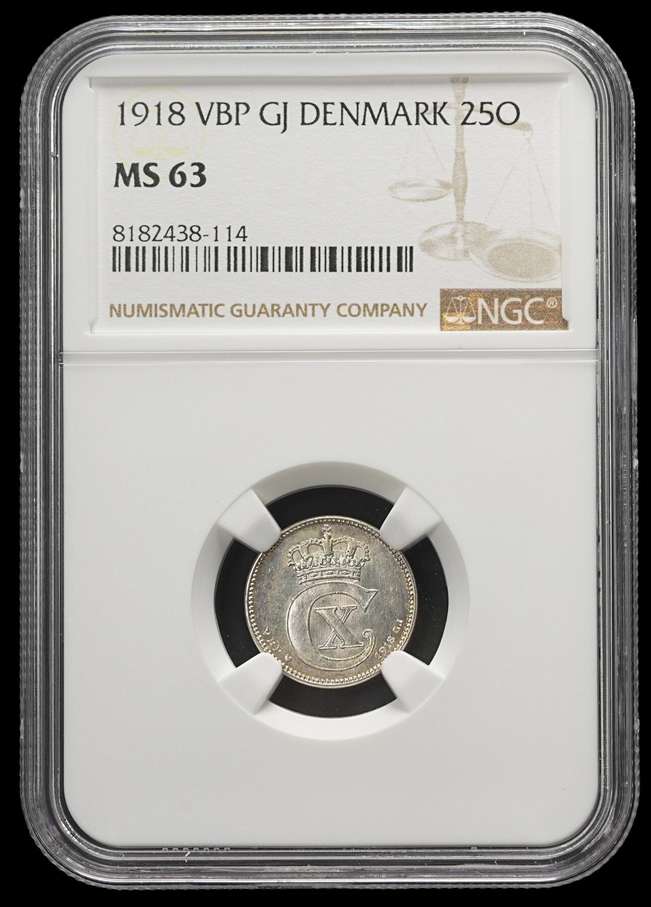 修遠堂世界钱币第三十七期 全场包邮 NGC MS63 1918年丹麦25欧尔银币