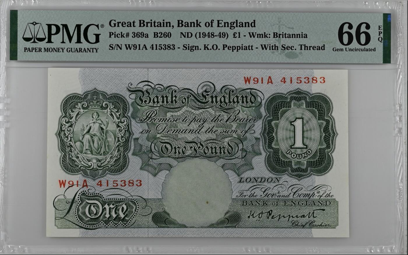 《张总收藏》164期-周日外币超精品 英格兰1镑 PMG66E A序列 首签