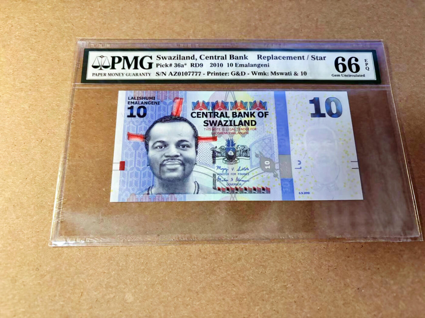 【Blue Auction】✨世界纸币精拍第532期【精】 【7777狮子号 补号】斯威士兰 2010年10E PMG66EPQ 
