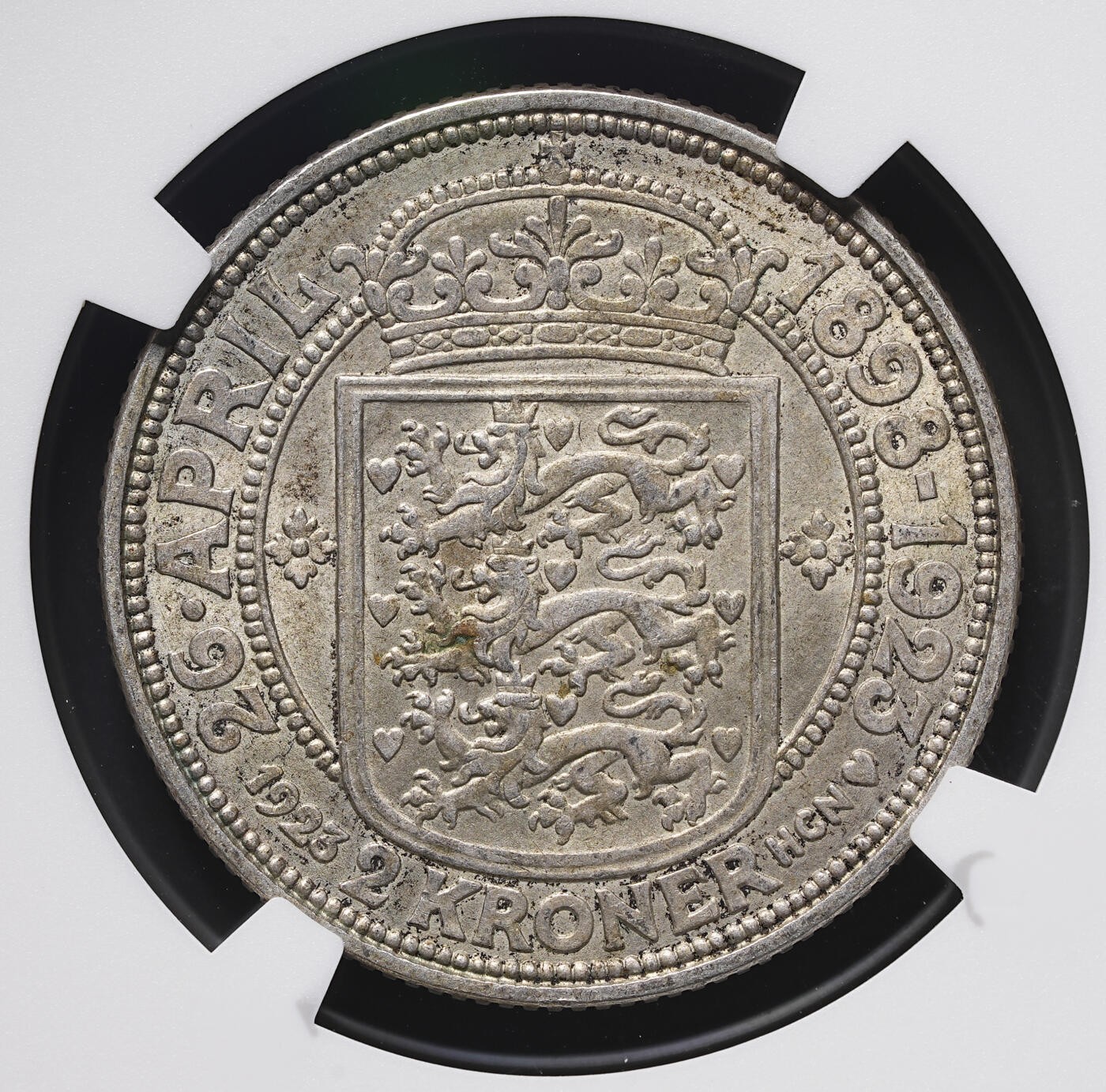 修遠堂世界钱币第三十七期 全场包邮 NGC MS63 1923年丹麦国王银婚纪念2克朗银币