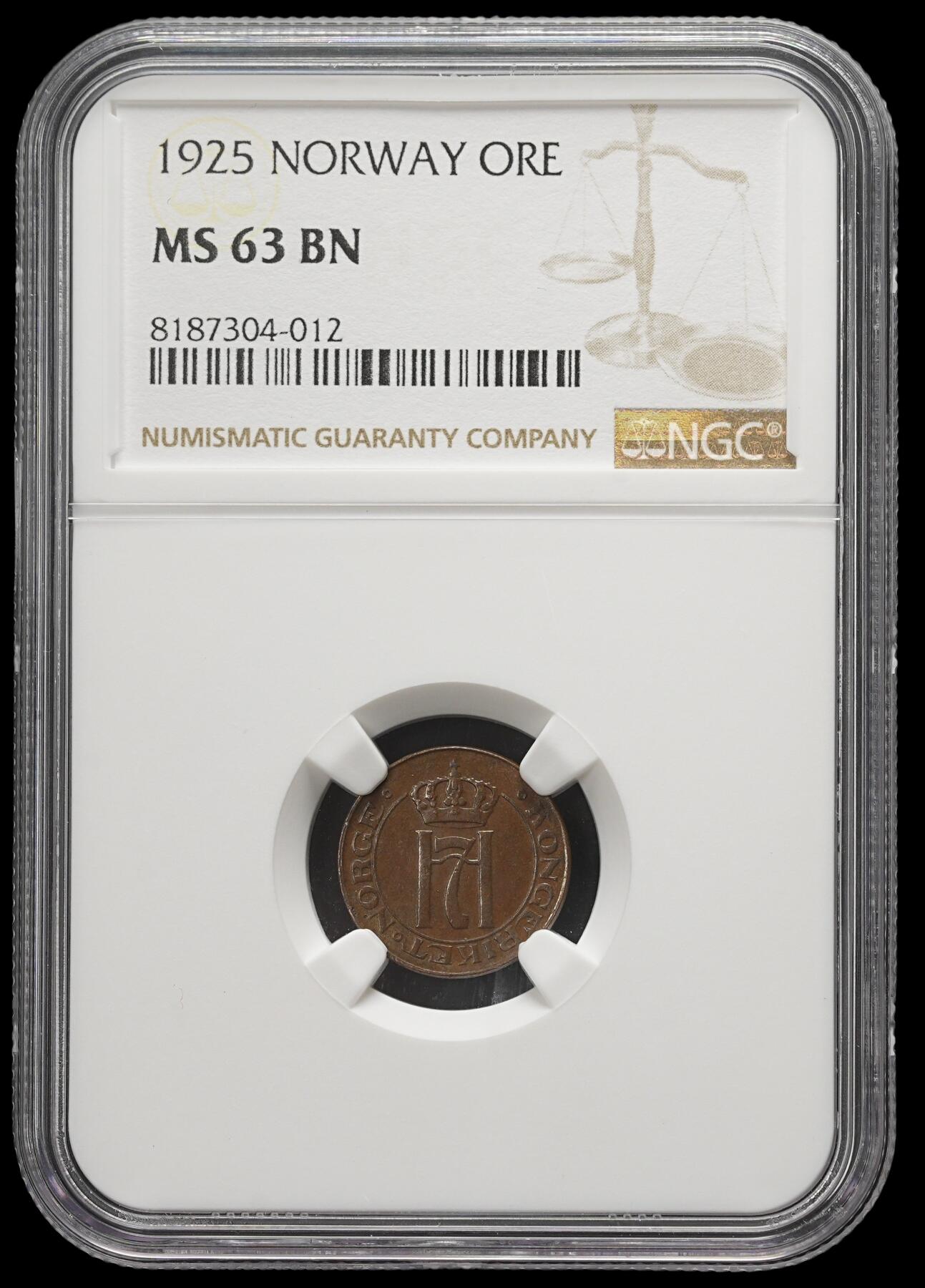 修遠堂世界钱币第三十七期 全场包邮 NGC MS63BN 1923年挪威1欧尔铜币 少见的早期年份