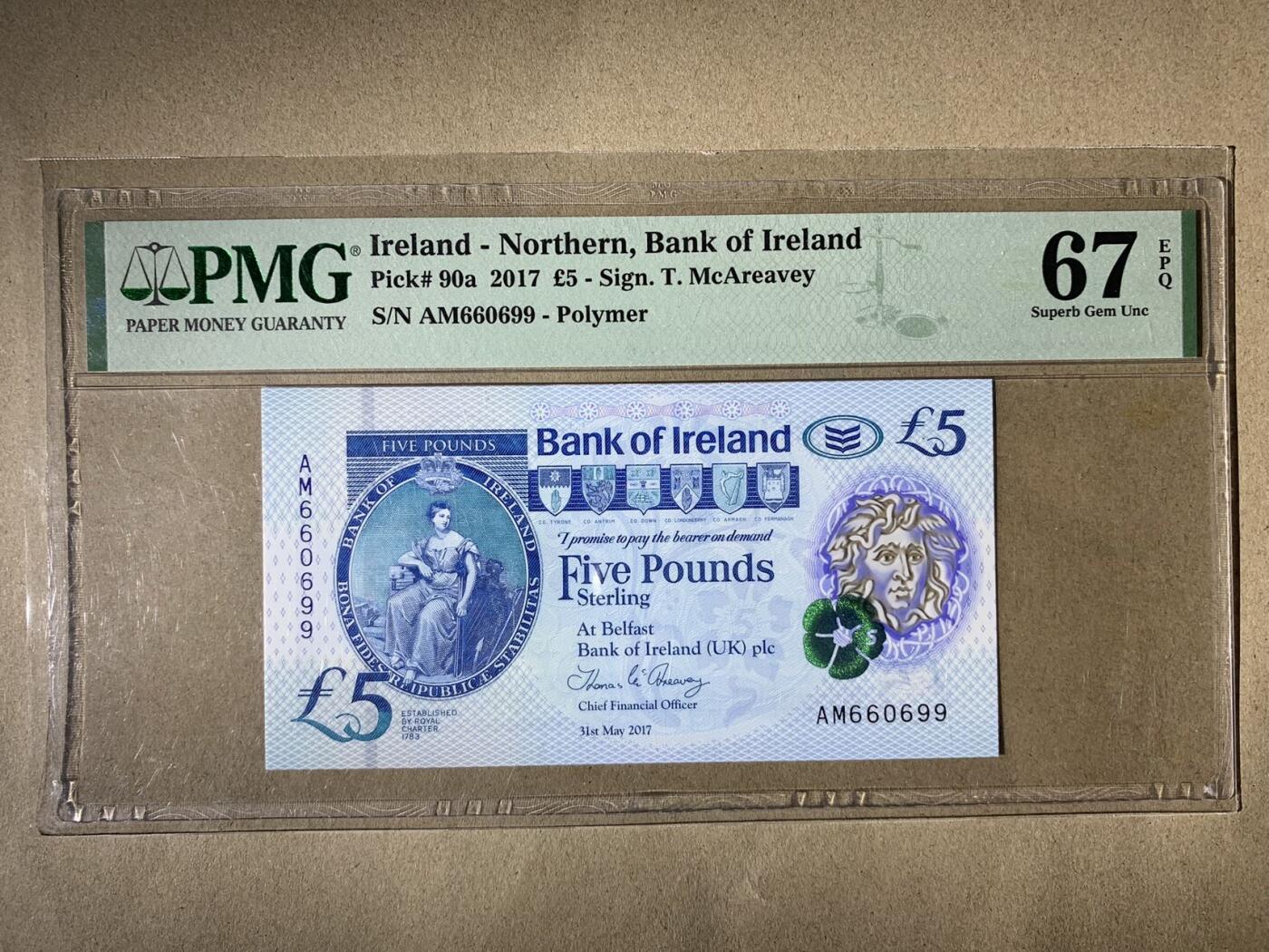 【礼羽收藏】🌏世界钱币拍卖第111期 【AM660699】2017年北爱尔兰5镑塑料钞 无3457尾99 数三圆圆倒置号🇮🇪 Ireland - Northern, Bank of Ireland, �5 2017 - Sign. T. McAreavey