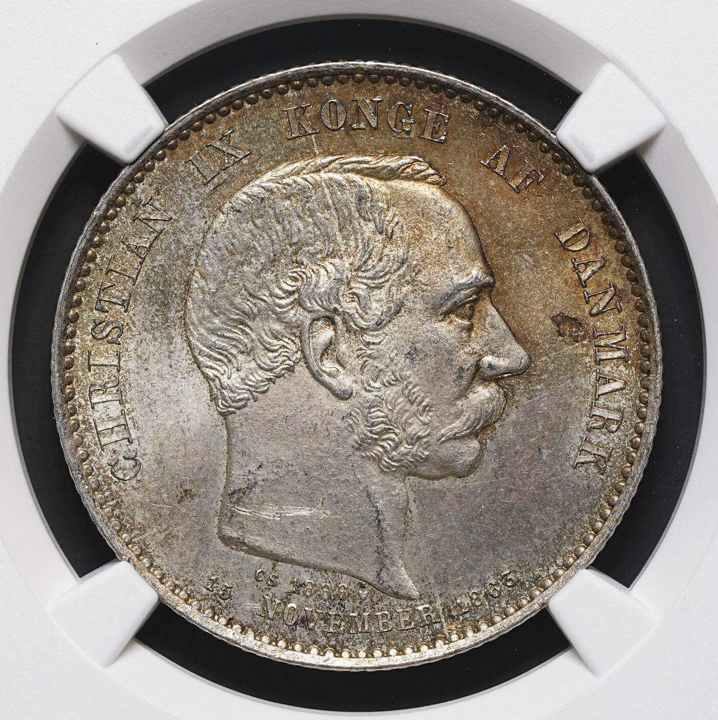 修遠堂世界钱币第三十七期 全场包邮 NGC MS62 1888年丹麦国王登基25周年纪念2克朗银币 五彩