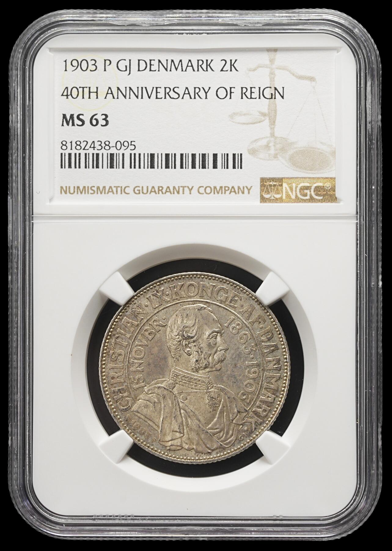 修遠堂世界钱币第三十七期 全场包邮 NGC MS63 1903年丹麦国王登基40周年纪念2克朗银币