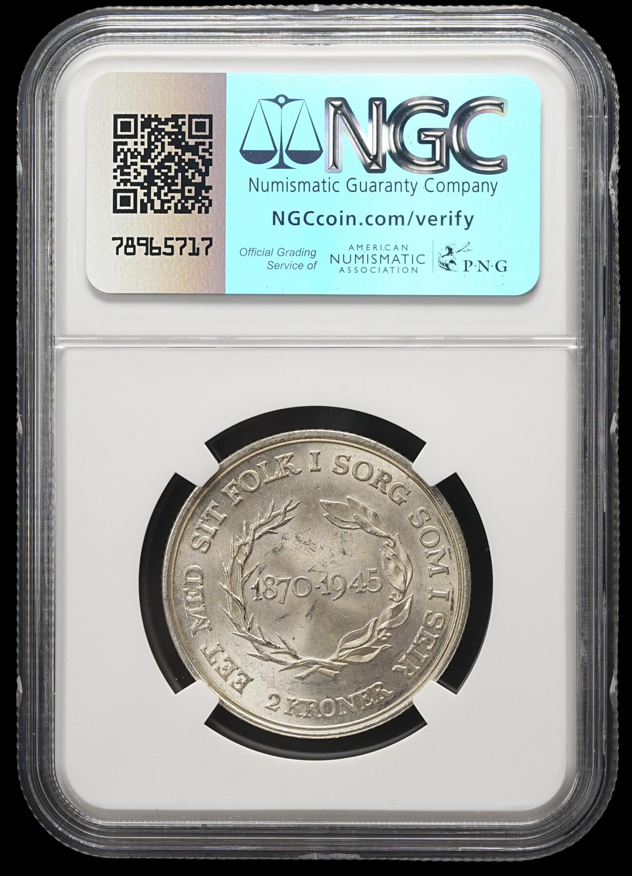 修遠堂世界钱币第三十七期 全场包邮 NGC MS63 1945年丹麦国王75岁大寿纪念2克朗银币