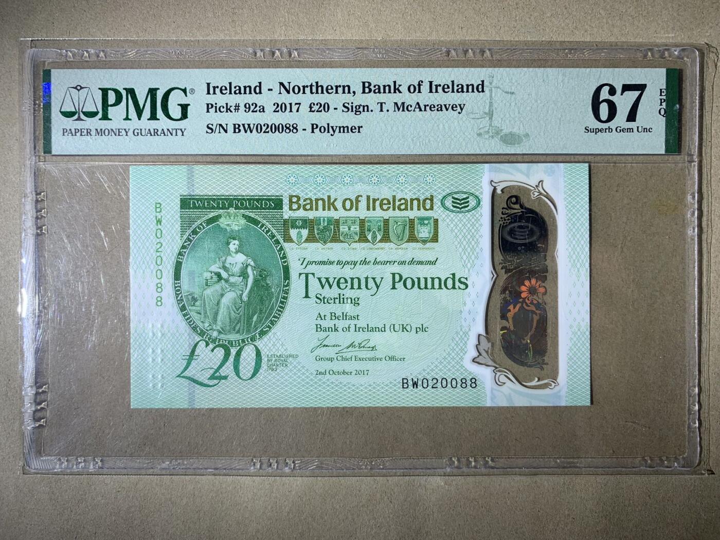 【礼羽收藏】🌏世界钱币拍卖第123期 【BW020088】2017年北爱尔兰爱尔兰银行20镑塑料钞 无3457尾88 发发朦胧号 PMG67 高分靓号