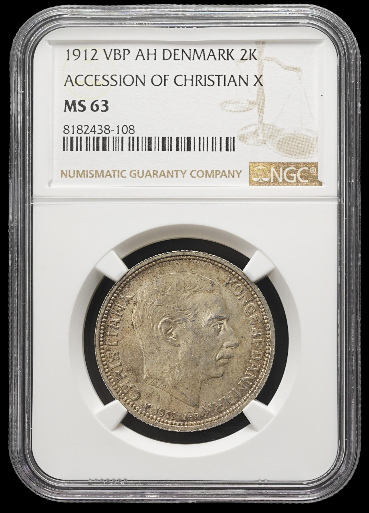 修遠堂世界钱币第三十七期 全场包邮 NGC MS63 1912年丹麦国王更迭纪念2克朗银币