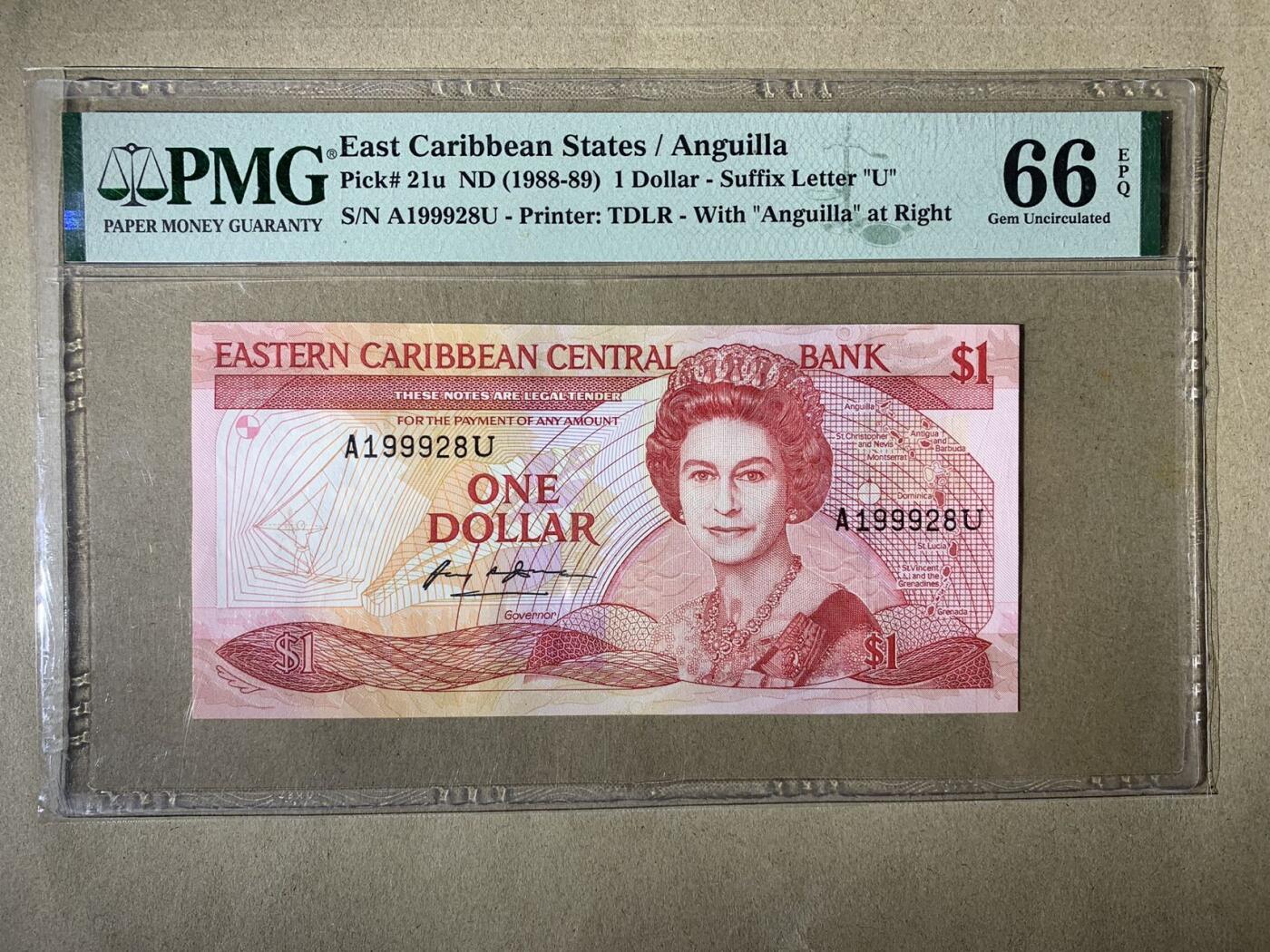 【礼羽收藏】🌏世界钱币拍卖第110期 【A199928U】1988-89年东加勒比1面值纸币 女王钞 无3457尾8 生日号 East Caribbean States / Anguilla, 1 Dollar ND (1988-89) - Suffix Letter 