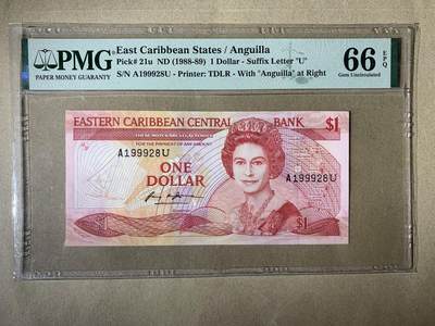 【礼羽收藏】🌏世界钱币拍卖第110期 - 【A199928U】1988-89年东加勒比1面值纸币 女王钞 无3457尾8 生日号 East Caribbean States / Anguilla, 1 Dollar ND (1988-89) - Suffix Letter ""U""