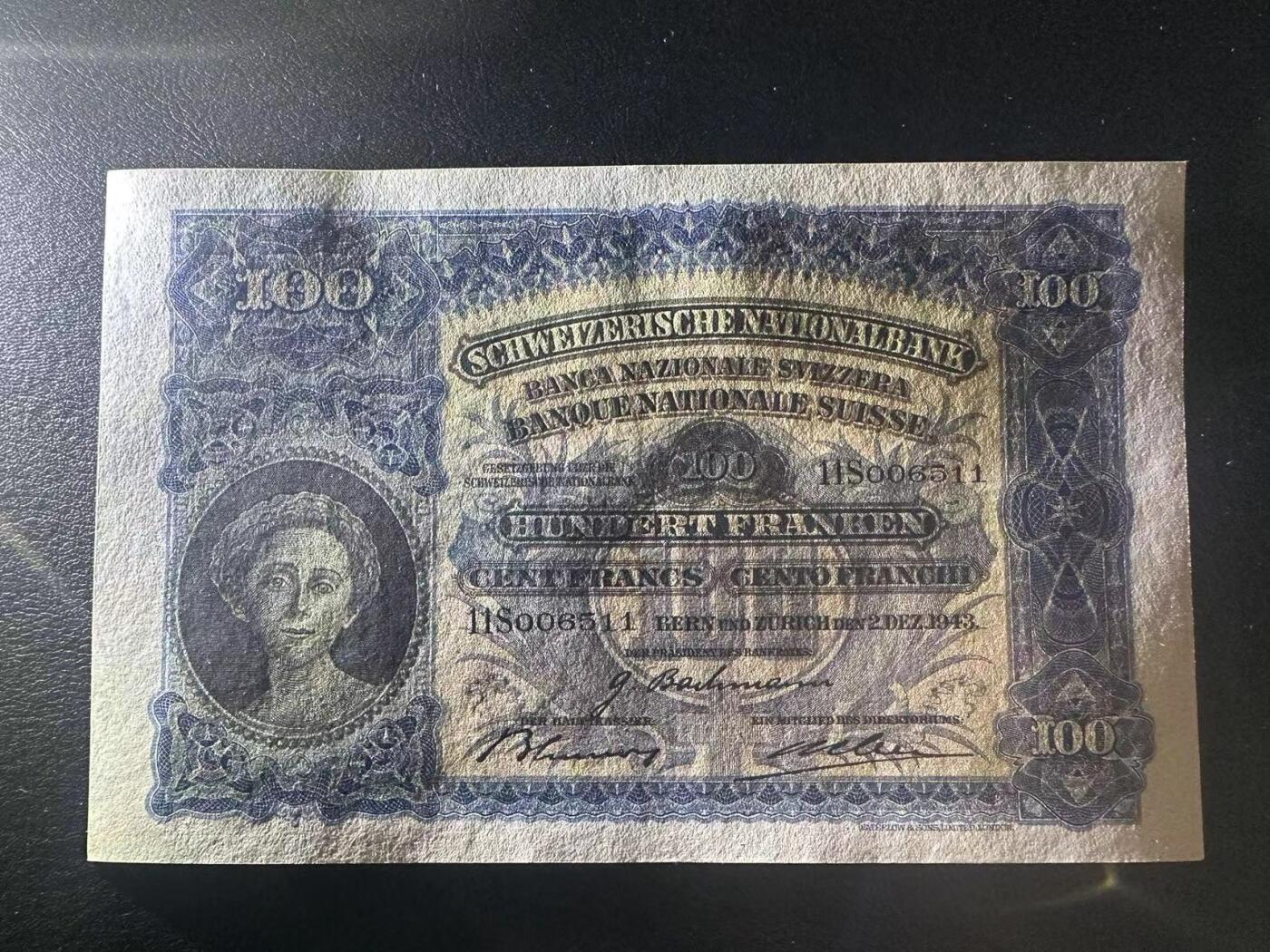 【Blue Auction】✨世界纸币精拍第532期【精】 【无47】瑞士 1943年100法郎 AU品相 少见 