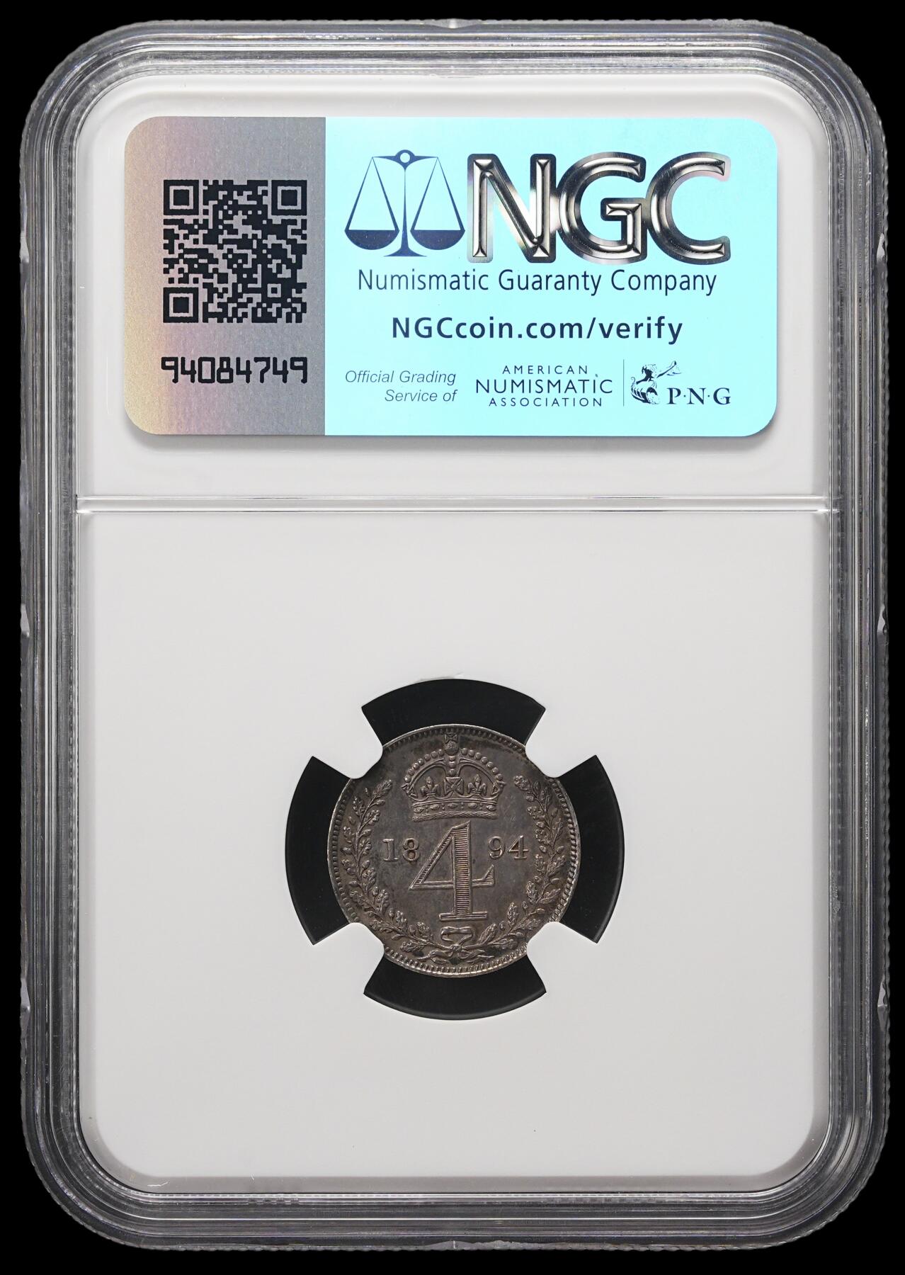 修遠堂世界钱币第三十七期 全场包邮 重包浆 NGC MS62 1894年英国4便士濯足银币