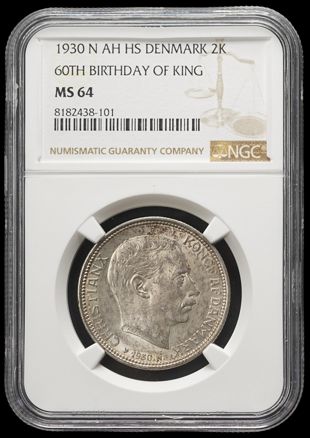 修遠堂世界钱币第三十七期 全场包邮 NGC MS64 1930年丹麦国王60大寿纪念2克朗银币