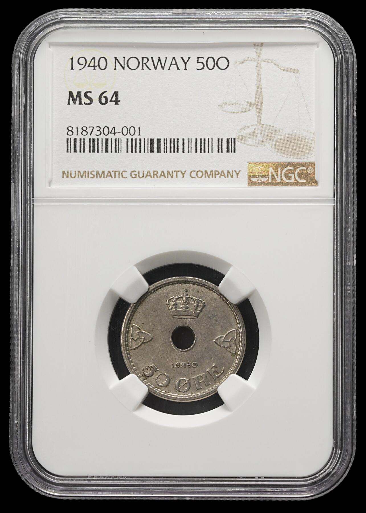 修遠堂世界钱币第三十七期 全场包邮 NGC MS64 1940年挪威50欧尔 