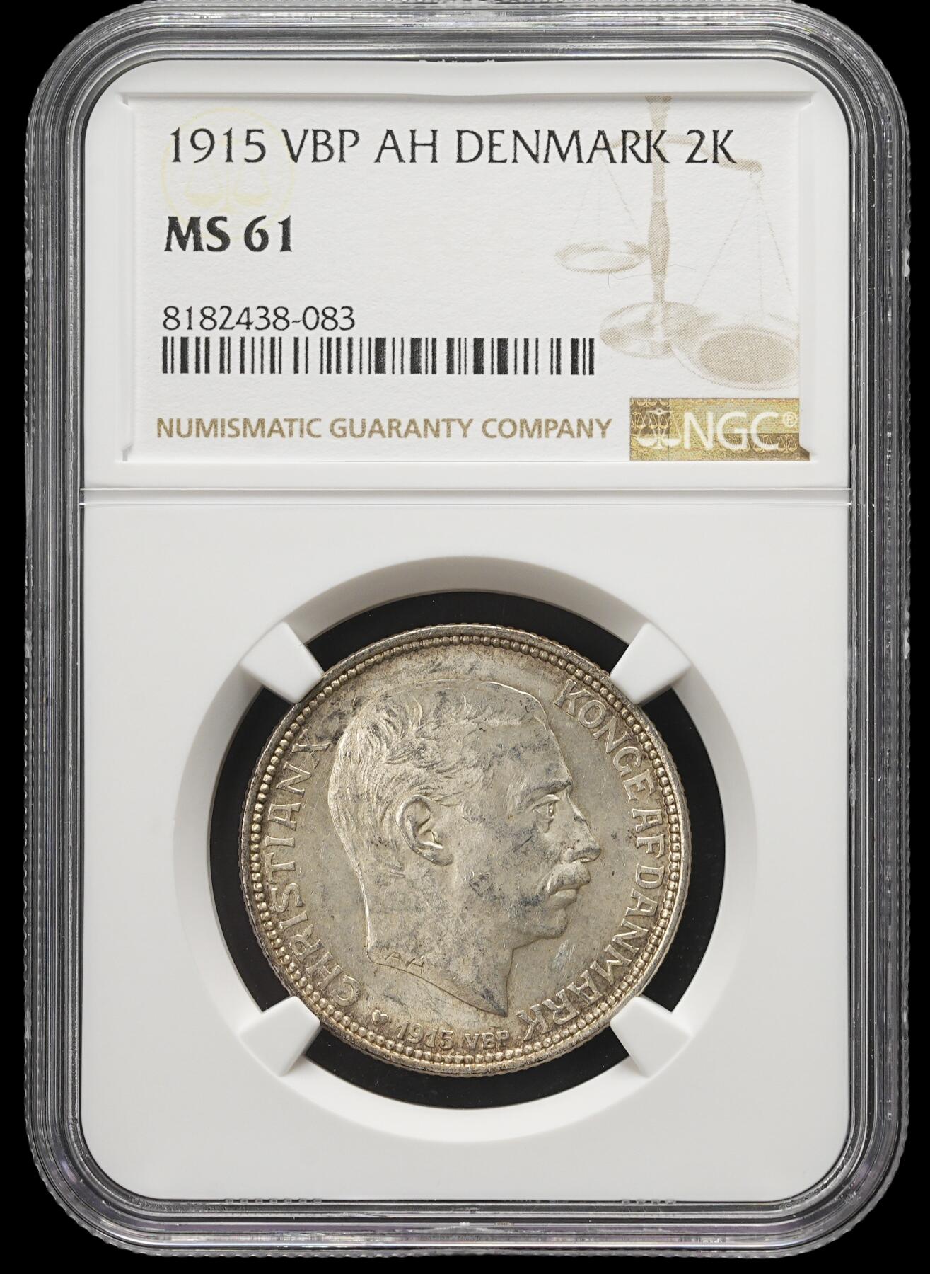 修遠堂世界钱币第三十七期 全场包邮 NGC MS61 1915年丹麦海豚2克朗银币