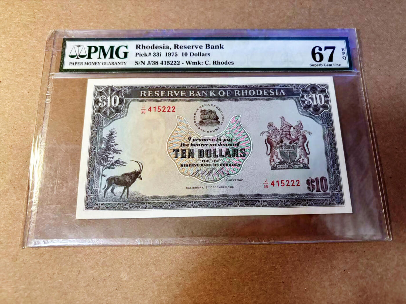 【Blue Auction】✨世界纸币精拍第532期【精】 【222豹子号】罗德西亚 1975年10元 PMG67EPQ 高分