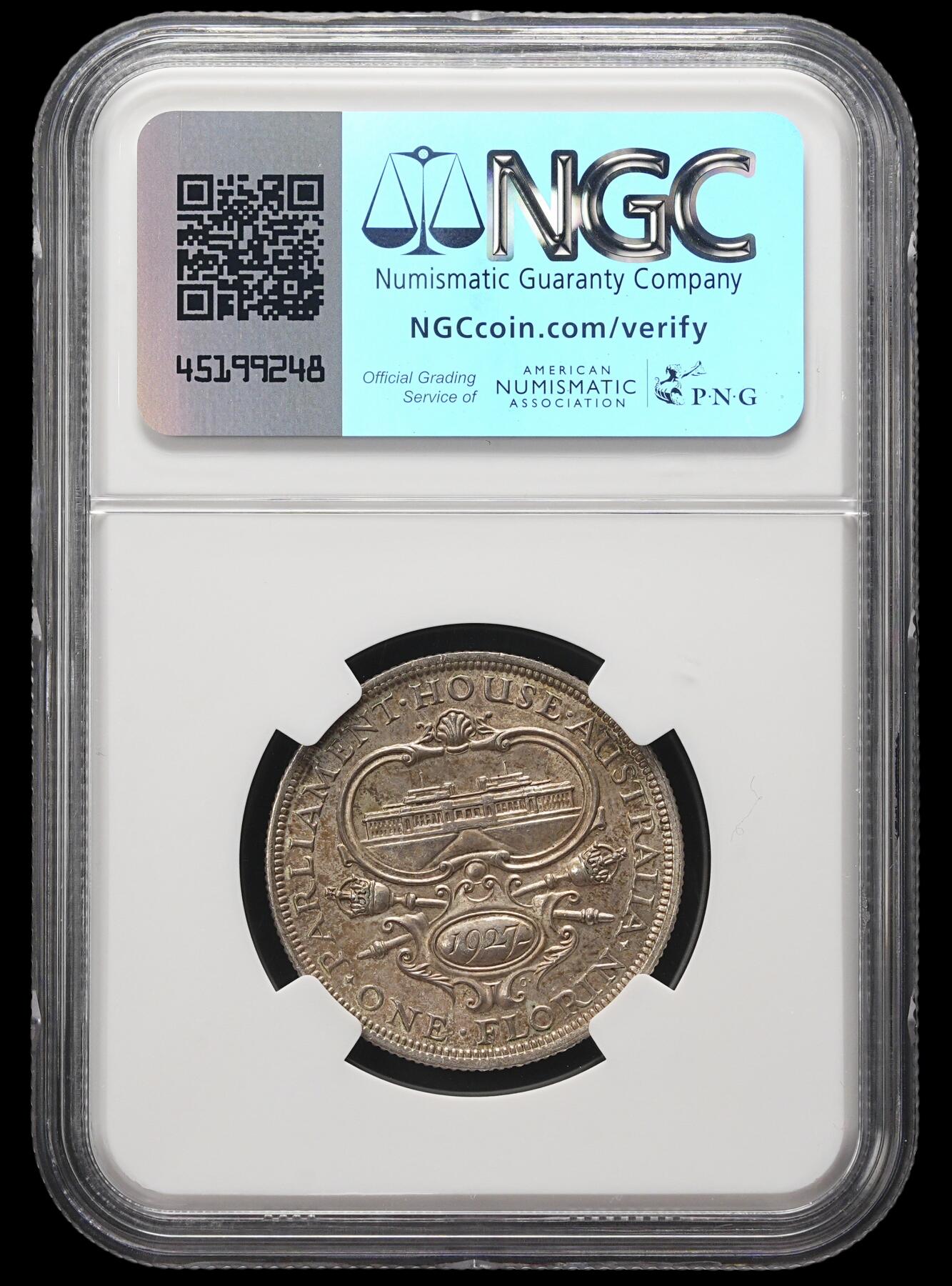修遠堂世界钱币第三十七期 全场包邮 NGC MS63 1927年澳大利亚议会大厦纪念1佛罗林银币 五彩包浆