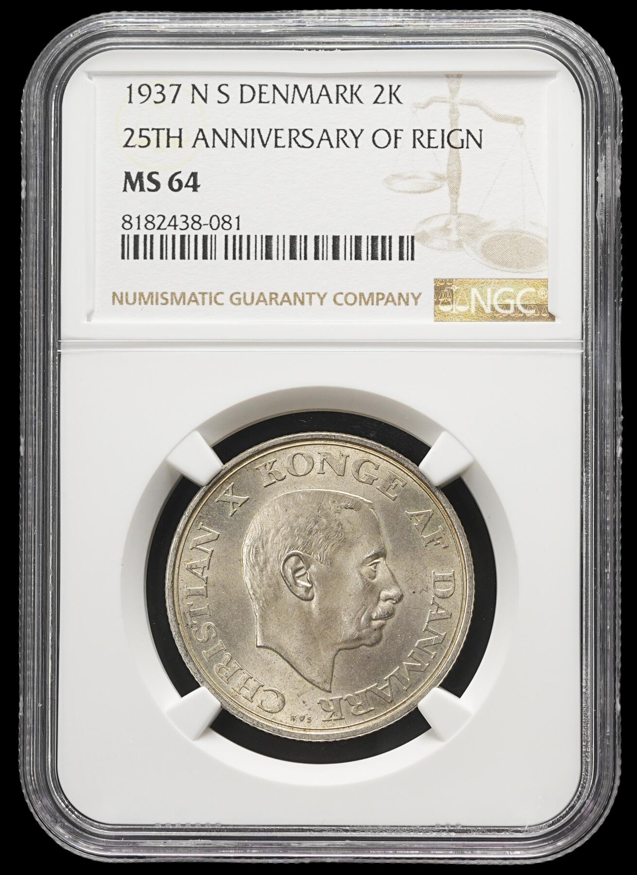 修遠堂世界钱币第三十七期 全场包邮 NGC MS64 1937年丹麦国王登基25周年纪念2克朗银币