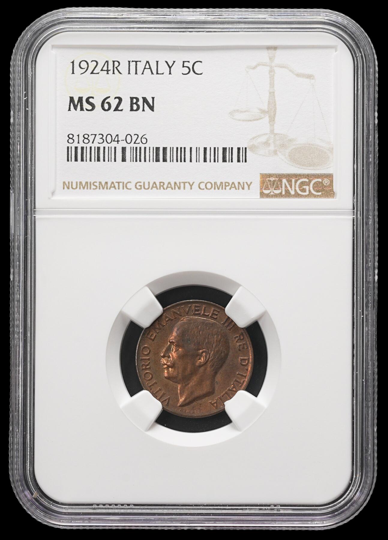 修遠堂世界钱币第三十七期 全场包邮 NGC MS62BN 1924年意大利5分铜币