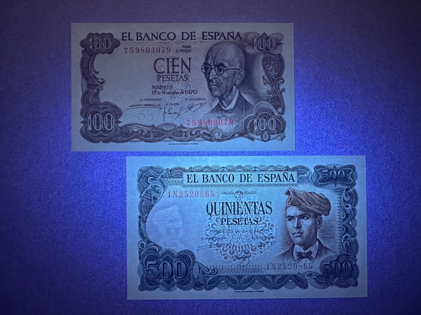 《张总收藏》164期-周日外币超精品 西班牙100、500比塞塔2张 UNC 1970年 全程无4