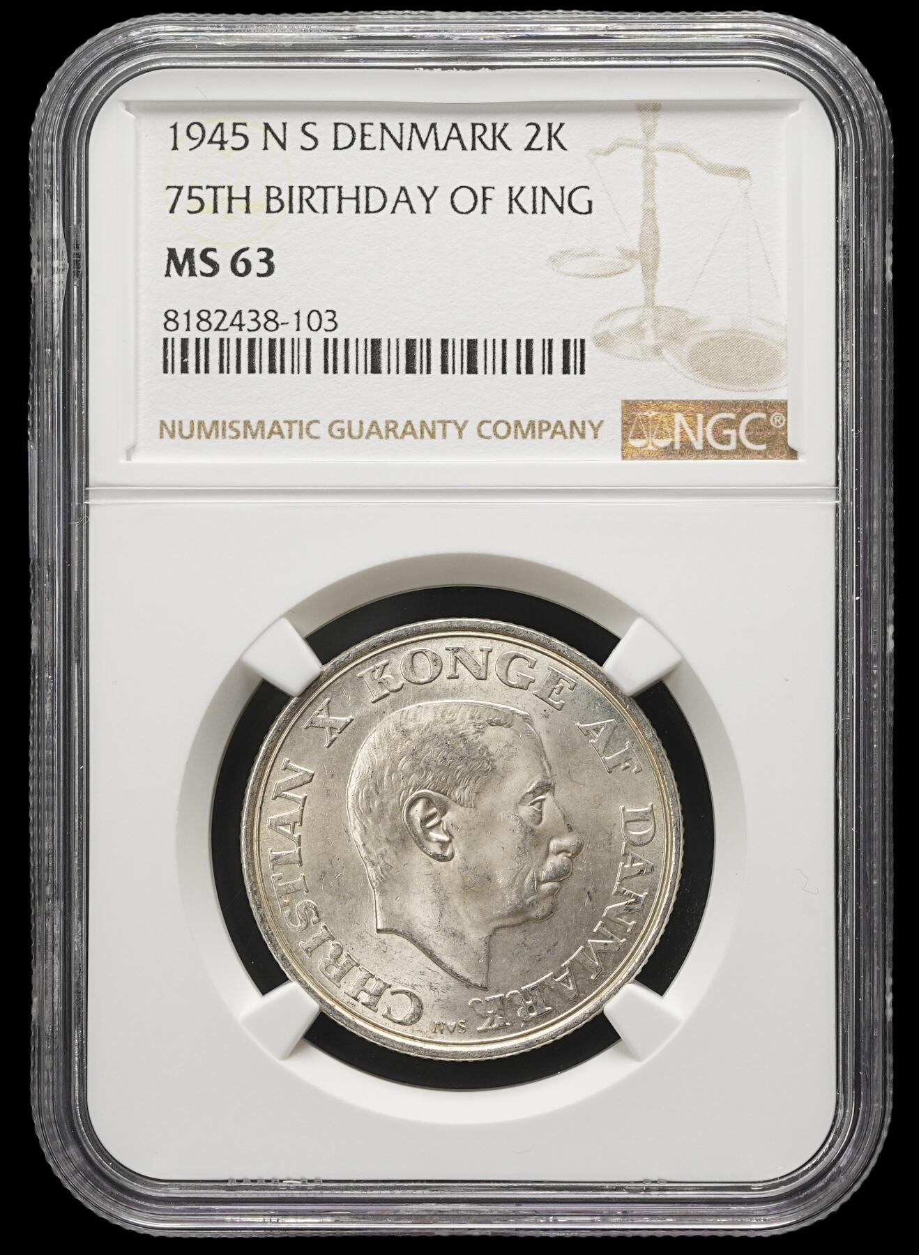 修遠堂世界钱币第三十七期 全场包邮 NGC MS63 1945年丹麦国王75岁大寿纪念2克朗银币