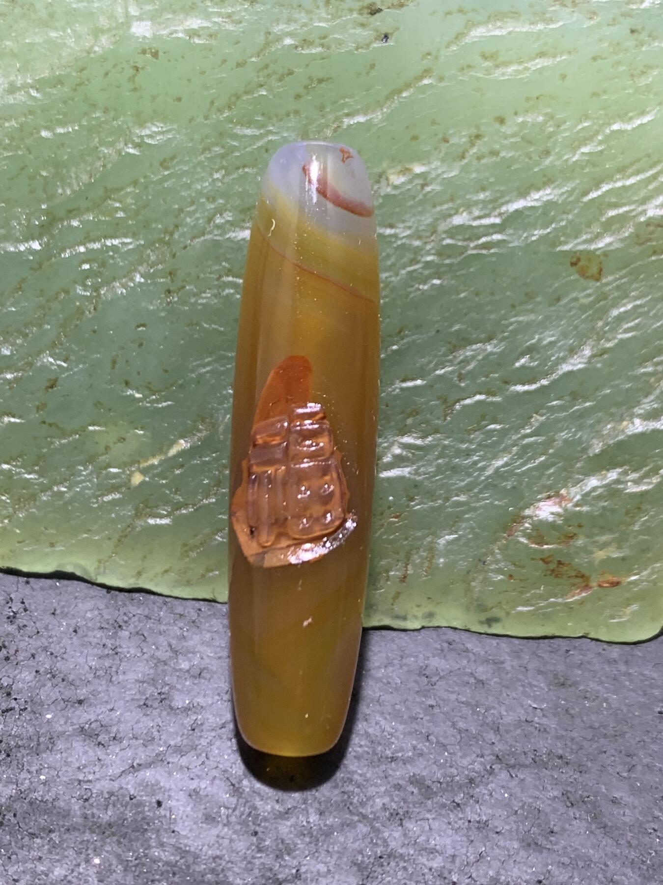 精美亚光高玉化缠丝玛瑙手工雕刻福字桶珠一颗