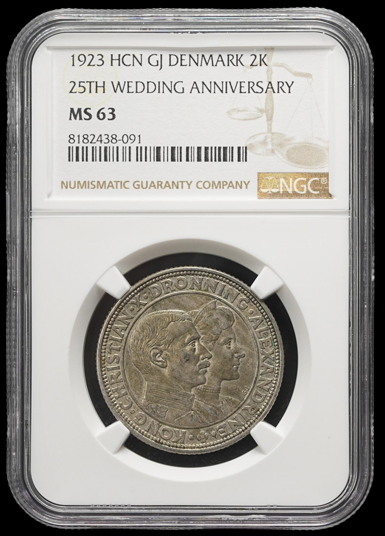 修遠堂世界钱币第三十七期 全场包邮 NGC MS63 1923年丹麦国王银婚纪念2克朗银币
