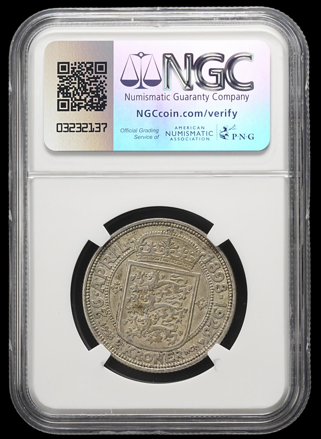 修遠堂世界钱币第三十七期 全场包邮 NGC MS63 1923年丹麦国王银婚纪念2克朗银币