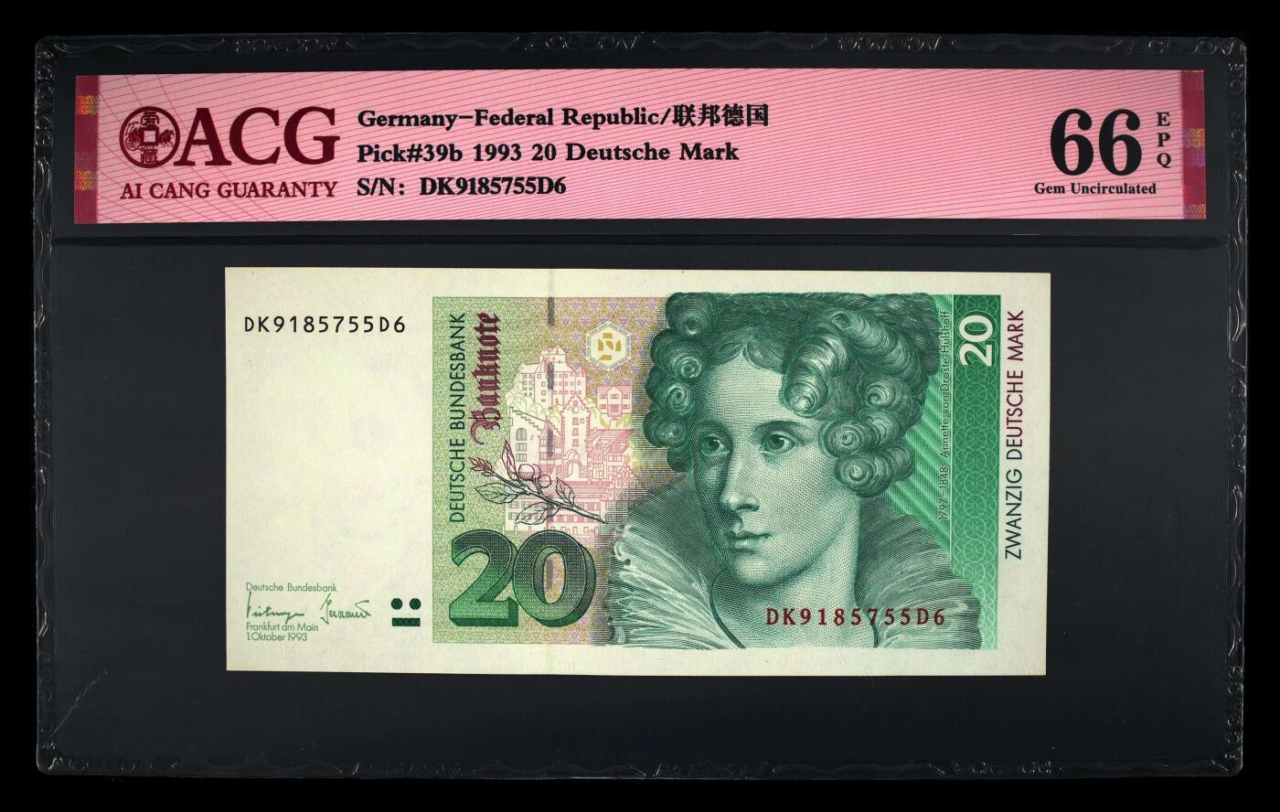 收藏联盟Quantum Auction 第371期拍卖  德国联邦1993年20马克 ACG 66EPQ 号码全程无4
