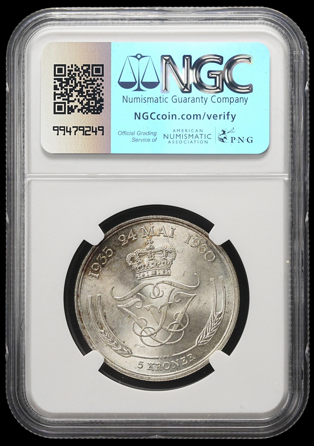 修遠堂世界钱币第三十七期 全场包邮 NGC MS65 1960年丹麦国王银婚纪念5克朗银币