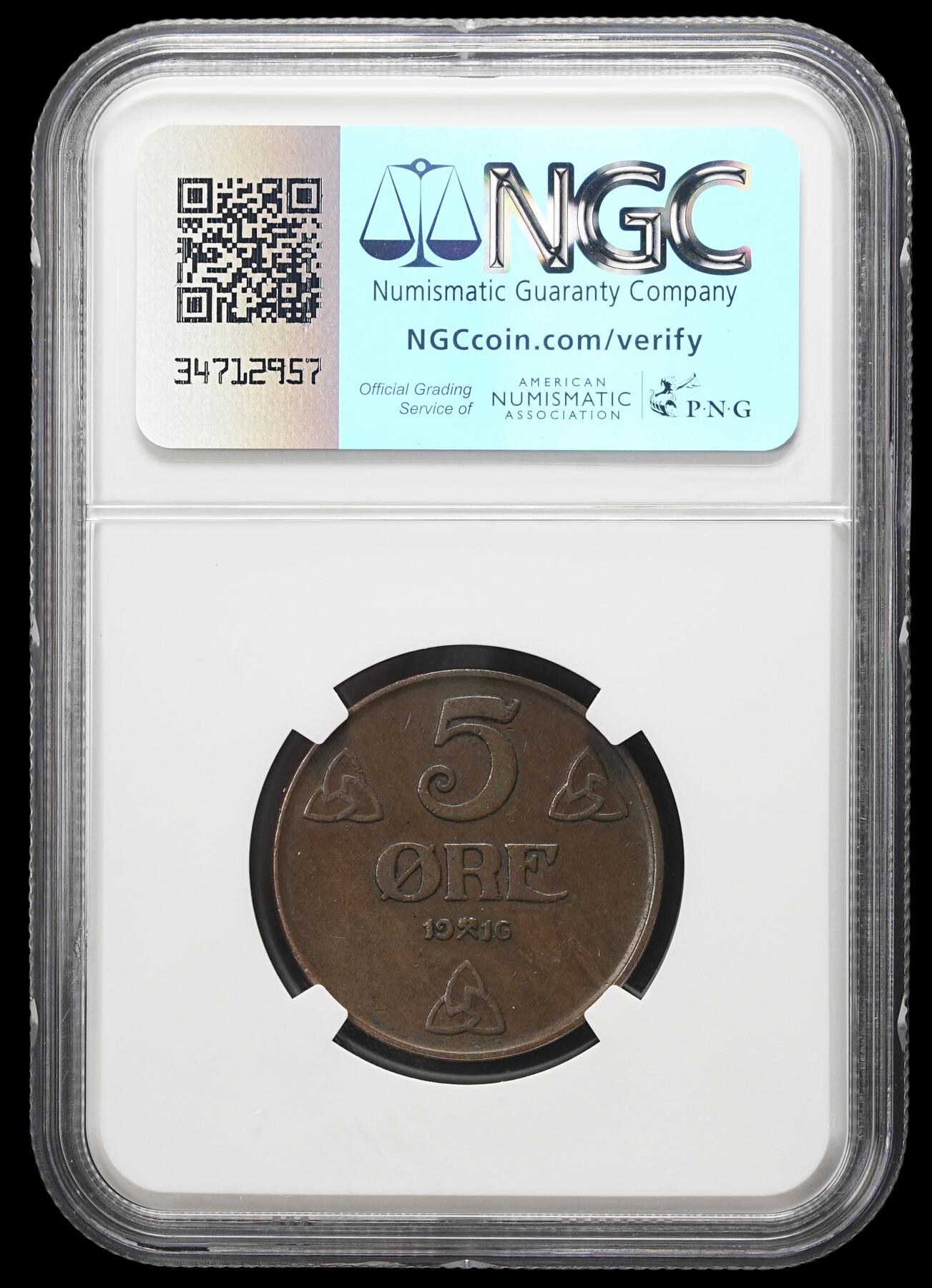 修遠堂世界钱币第三十七期 全场包邮 NGC AU50BN 1916年挪威5欧尔铜币 少见年份 仅铸造30万枚