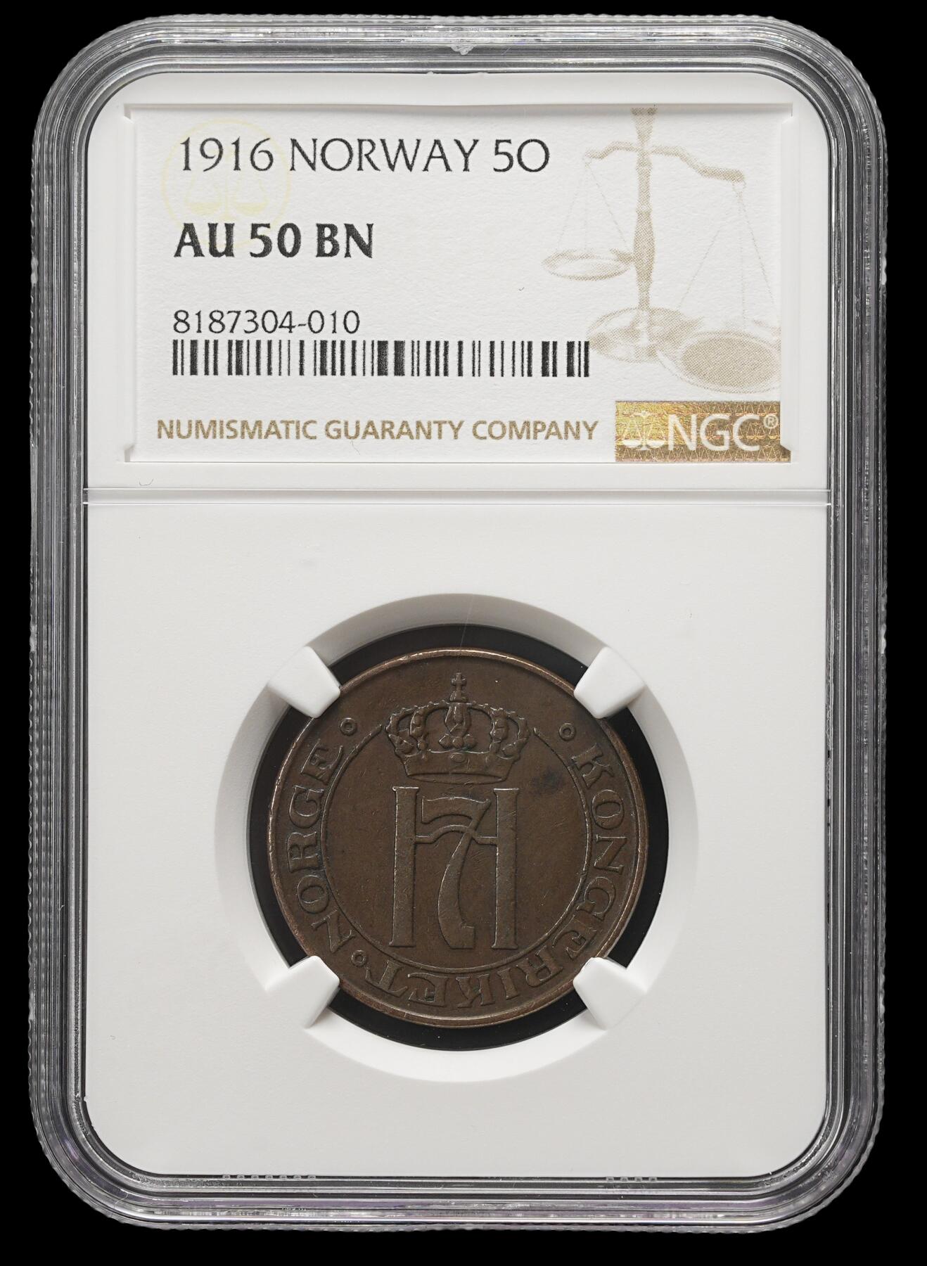 修遠堂世界钱币第三十七期 全场包邮 NGC AU50BN 1916年挪威5欧尔铜币 少见年份 仅铸造30万枚