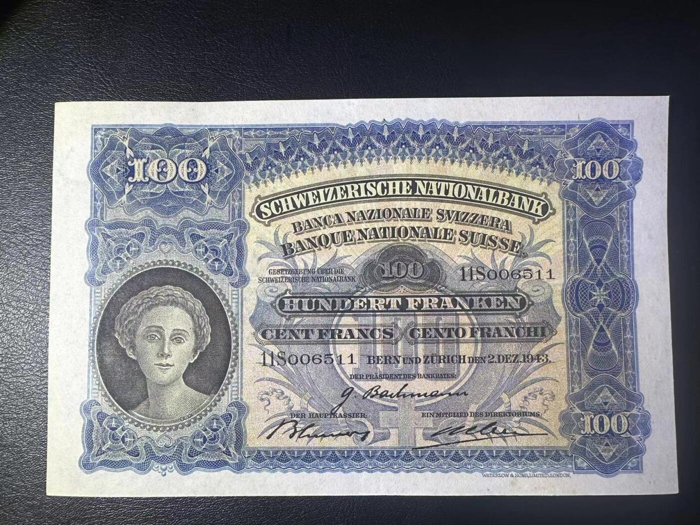 【Blue Auction】✨世界纸币精拍第532期【精】 【无47】瑞士 1943年100法郎 AU品相 少见 