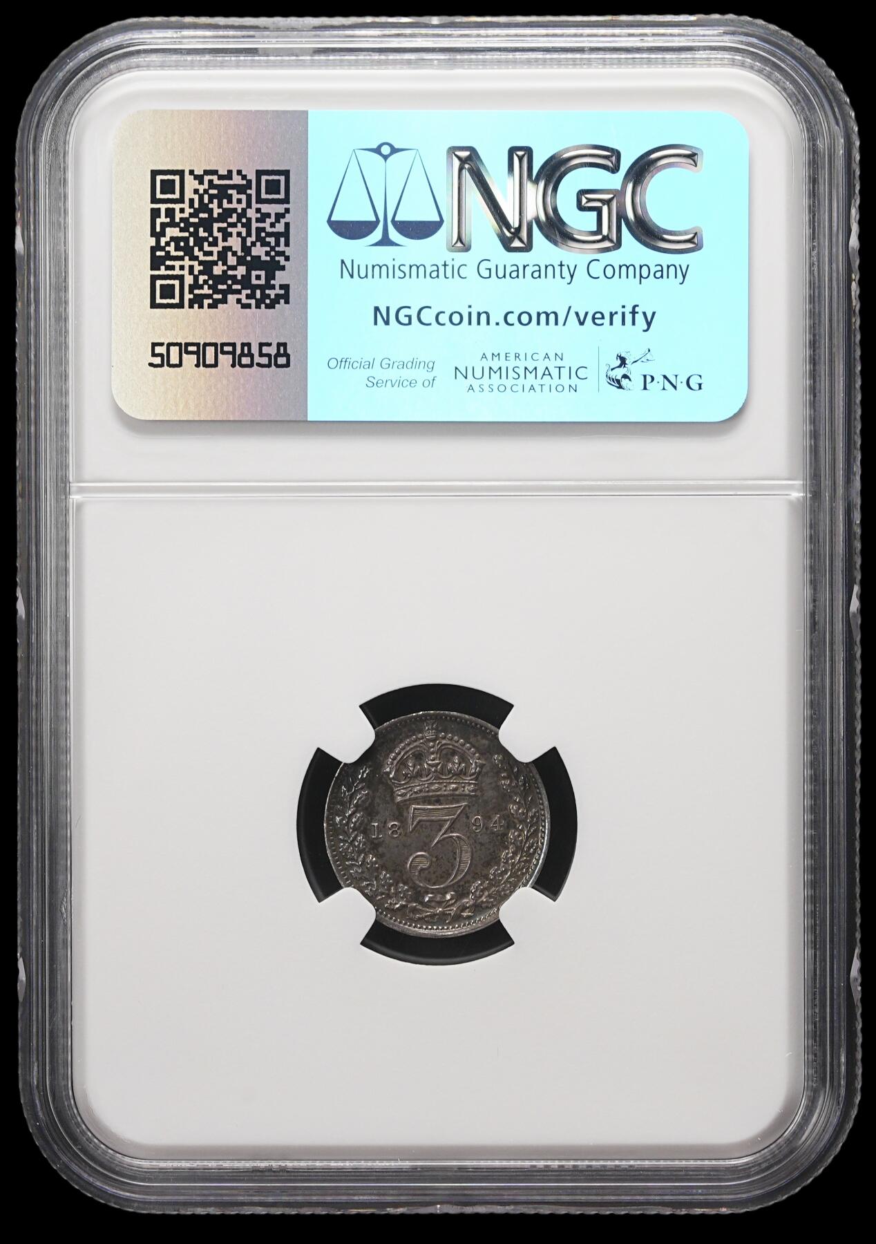 修遠堂世界钱币第三十七期 全场包邮 重包浆 NGC MS63 1894年英国3便士濯足银币