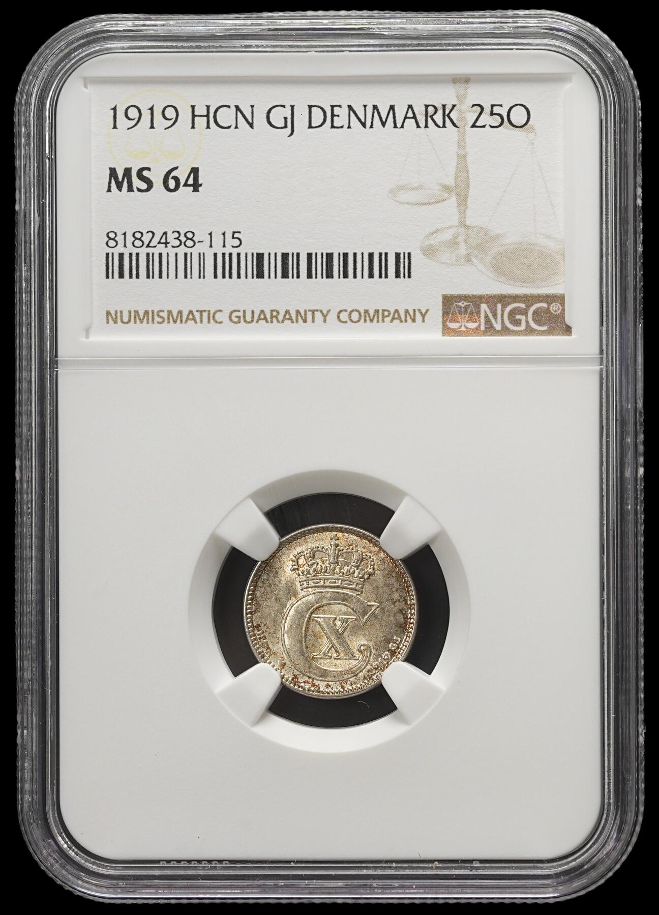 修遠堂世界钱币第三十七期 全场包邮 NGC MS63 1919年丹麦25欧尔银币