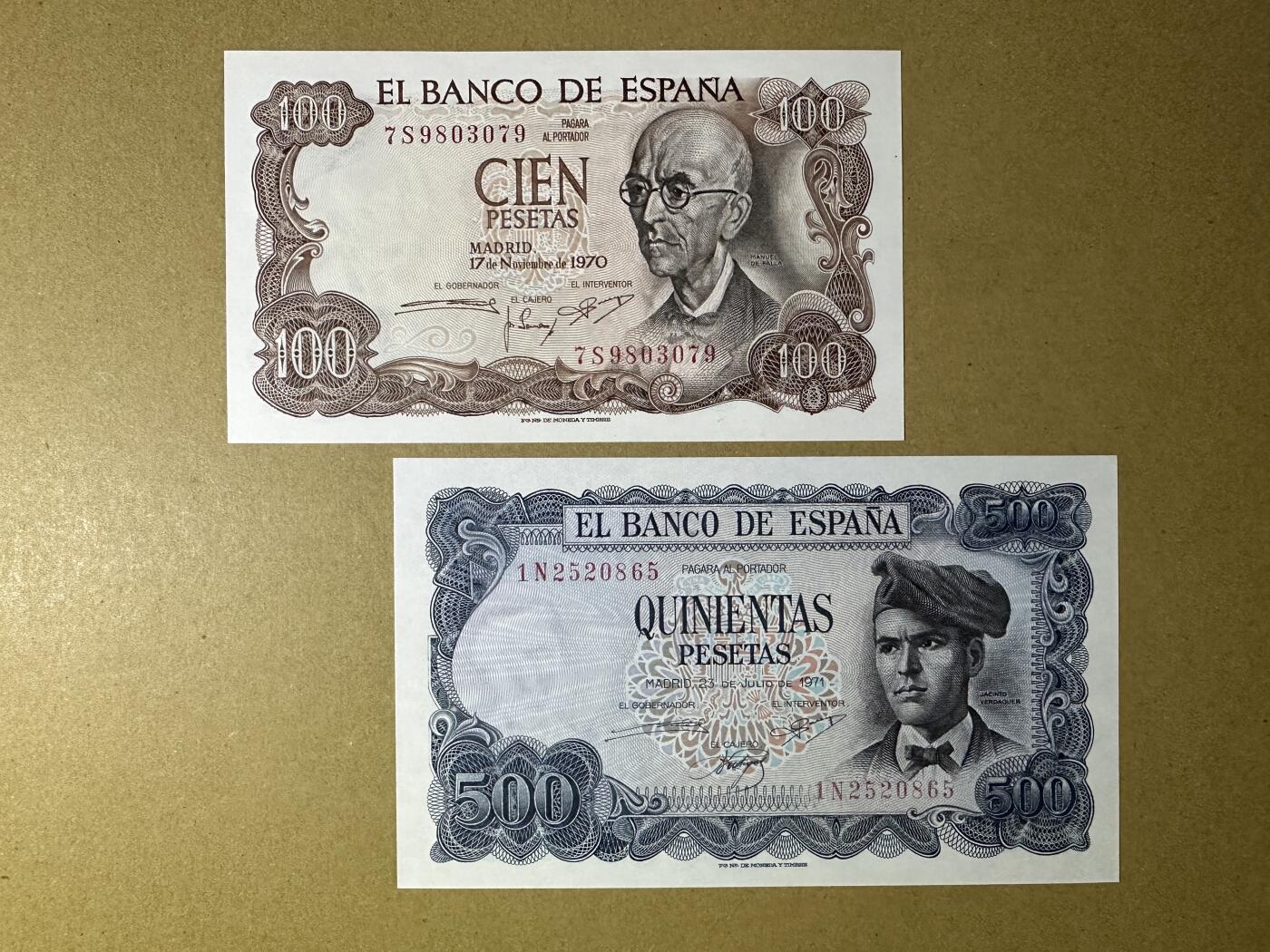 《张总收藏》164期-周日外币超精品 西班牙100、500比塞塔2张 UNC 1970年 全程无4