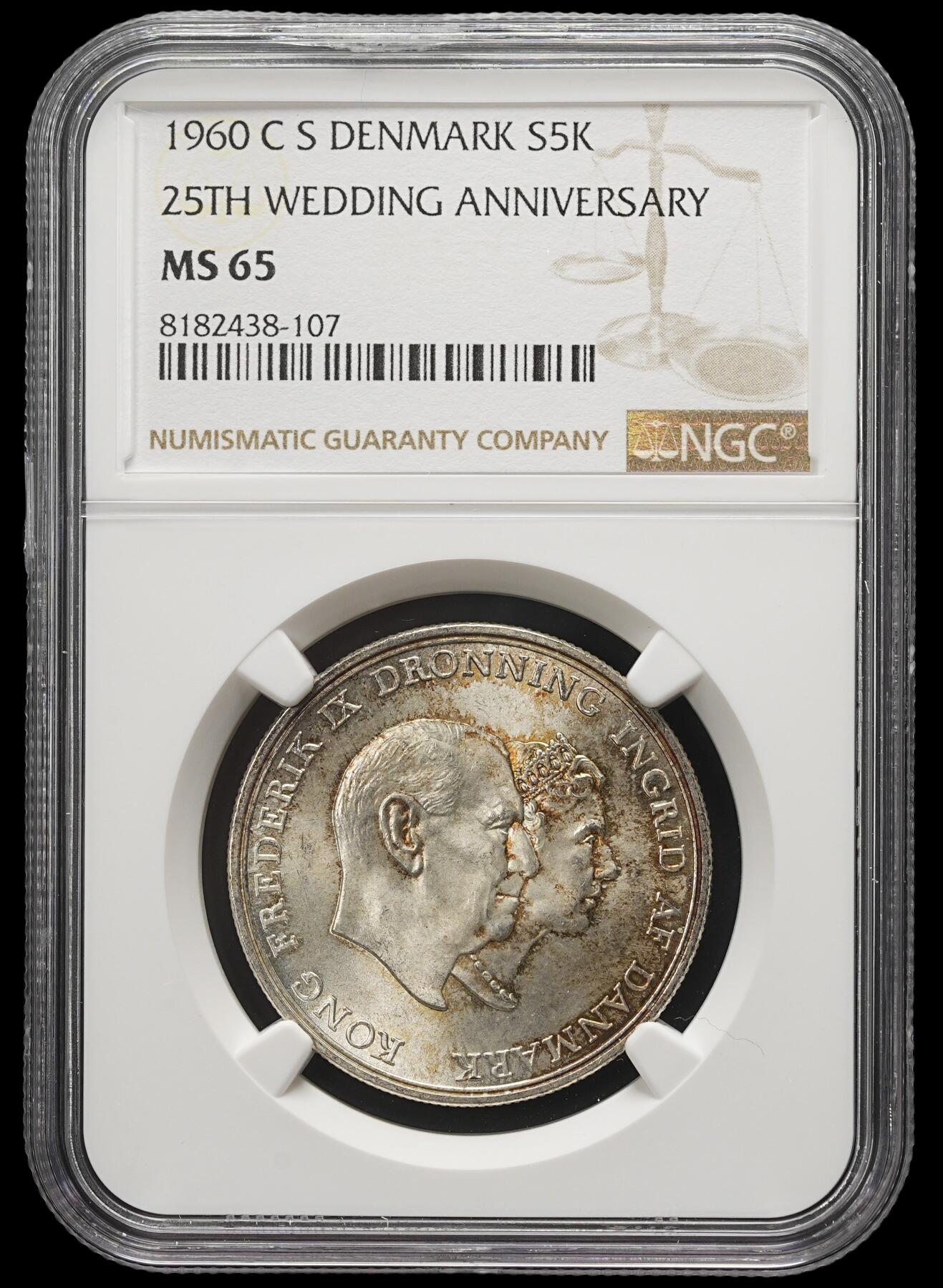 修遠堂世界钱币第三十七期 全场包邮 NGC MS65 1960年丹麦国王银婚纪念5克朗银币