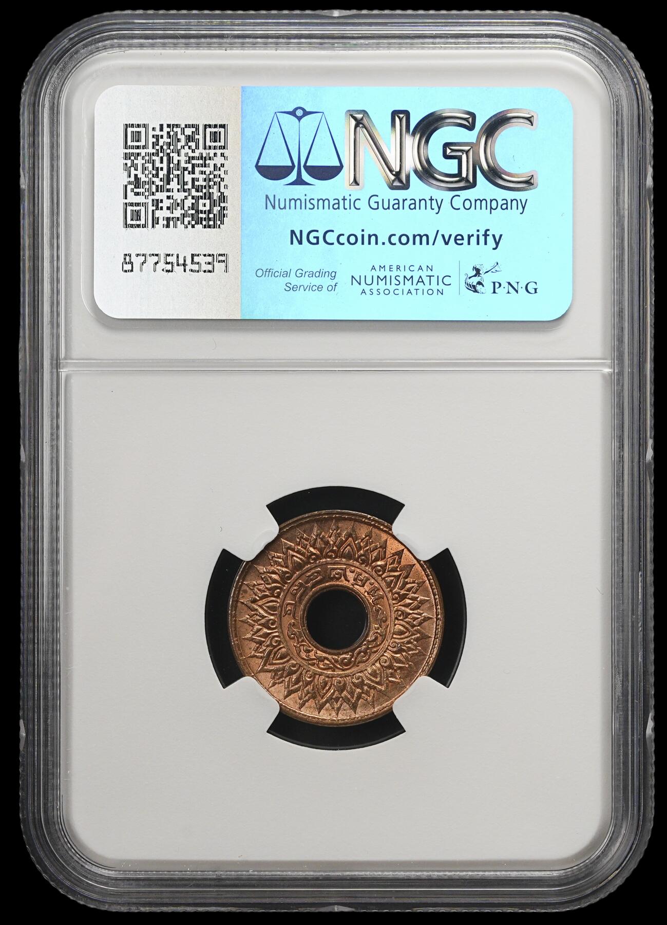 修遠堂世界钱币第三十七期 全场包邮 NGC MS65RB 1941年泰国中孔1萨当铜币