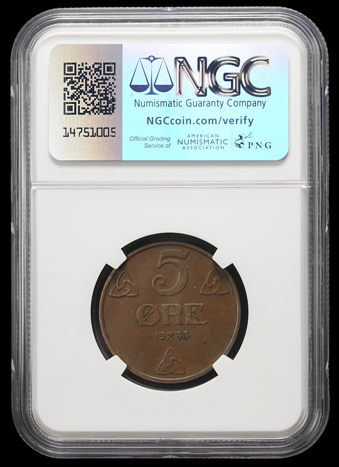 修遠堂世界钱币第三十七期 全场包邮 NGC AU55BN 1933年挪威5欧尔铜币 少见年份 仅铸造30万枚