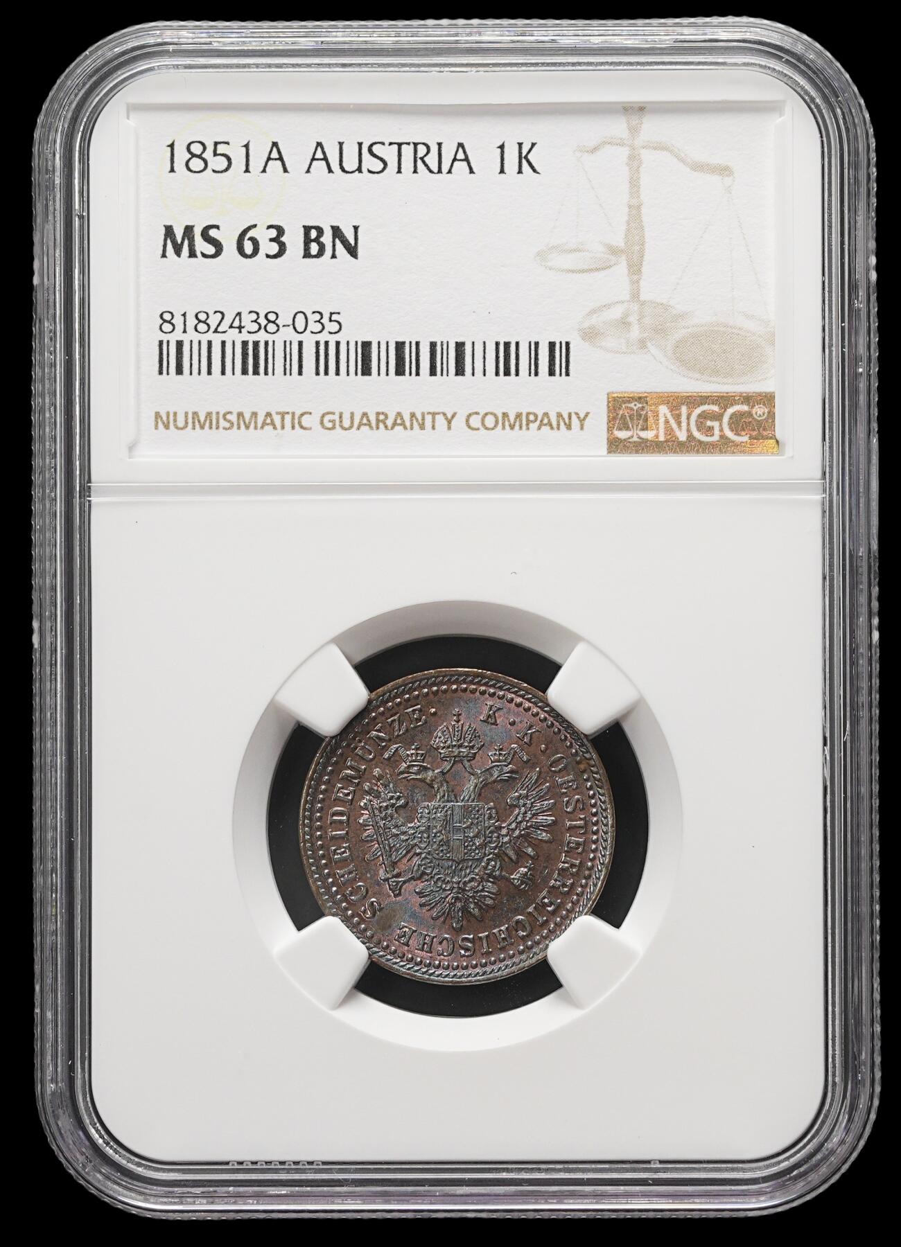 修遠堂世界钱币第三十七期 全场包邮 NGC MS63BN 1851年奥匈帝国1克鲁泽铜币 钴蓝色包浆