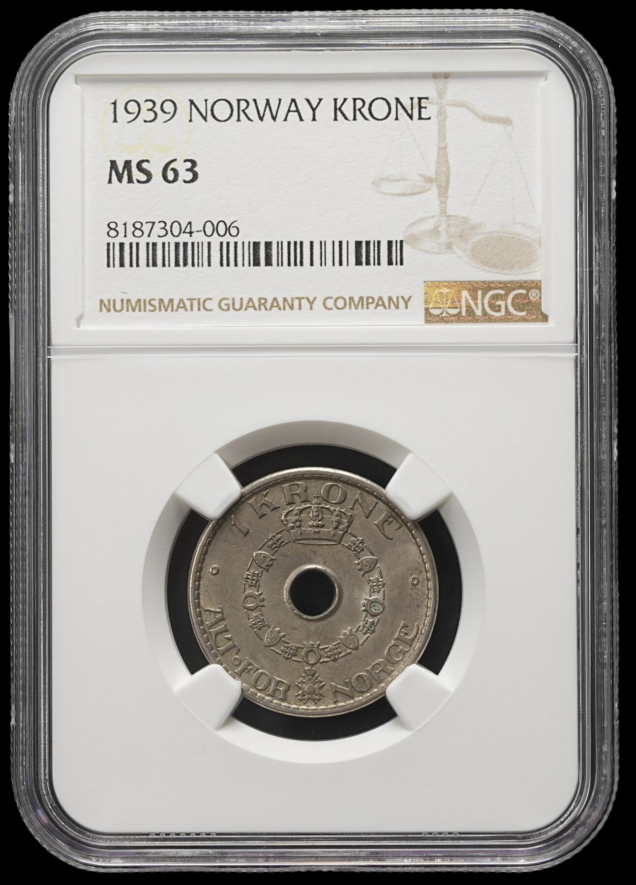 修遠堂世界钱币第三十七期 全场包邮 NGC MS63 1939年挪威1克朗 少见年份 书价100美金