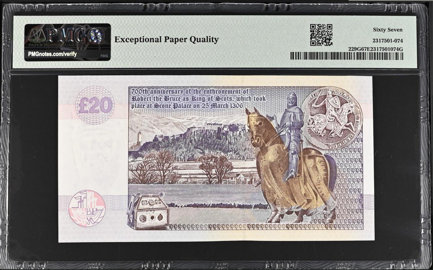《张总收藏》164期-周日外币超精品 苏格兰20镑RB1冠 PMG67E 2006年 布鲁斯国王即位700周年纪念钞 177号百位小号
