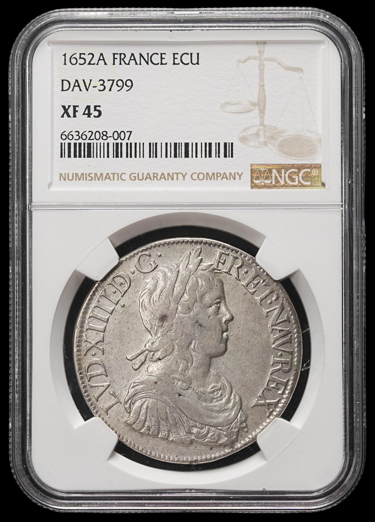 修遠堂世界钱币第三十七期 全场包邮 NGC XF45 1652年法国1埃居大银币