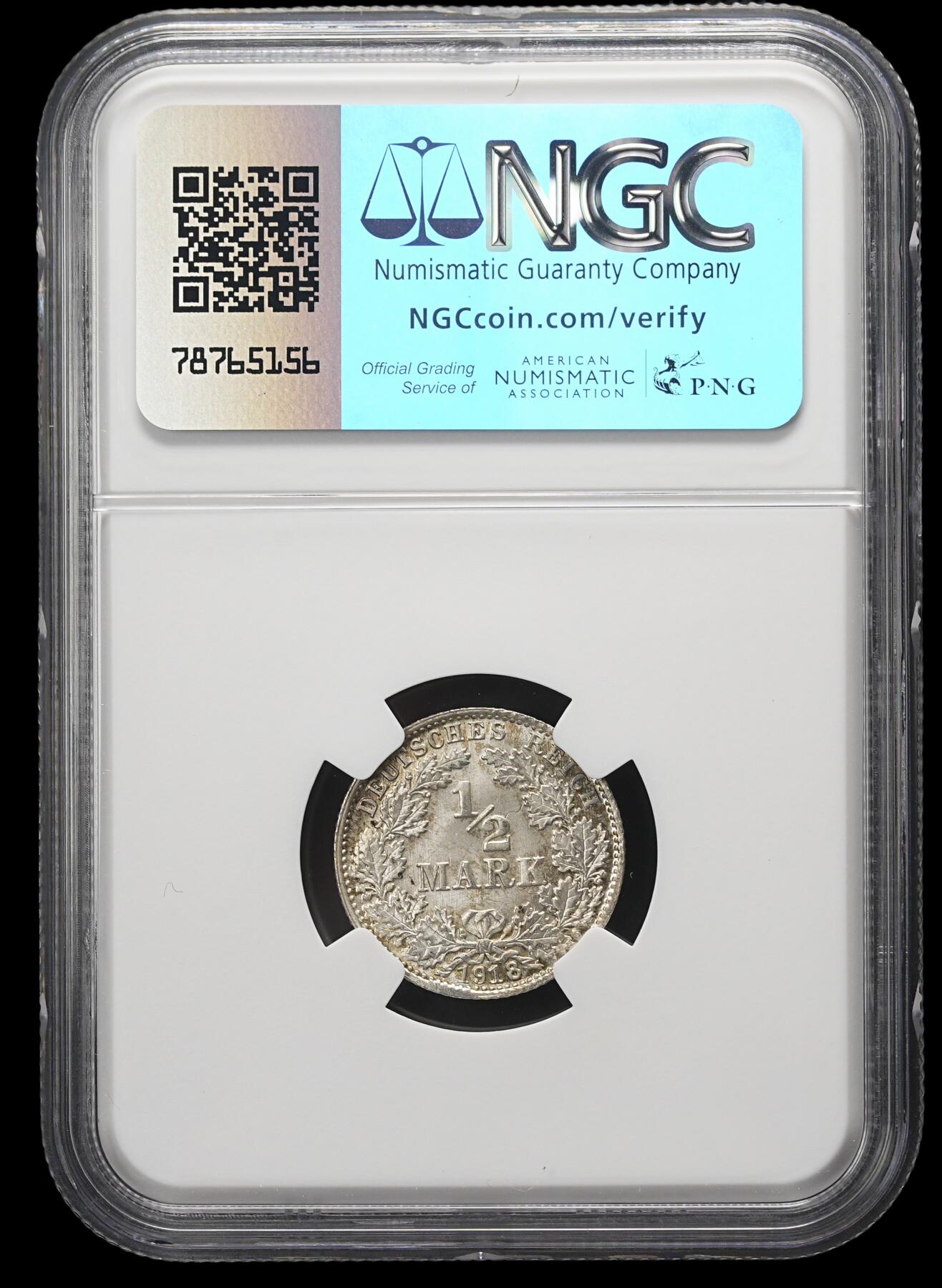 修遠堂世界钱币第三十七期 全场包邮 NGC MS67 1918年德国1/2马克银币 D厂铭