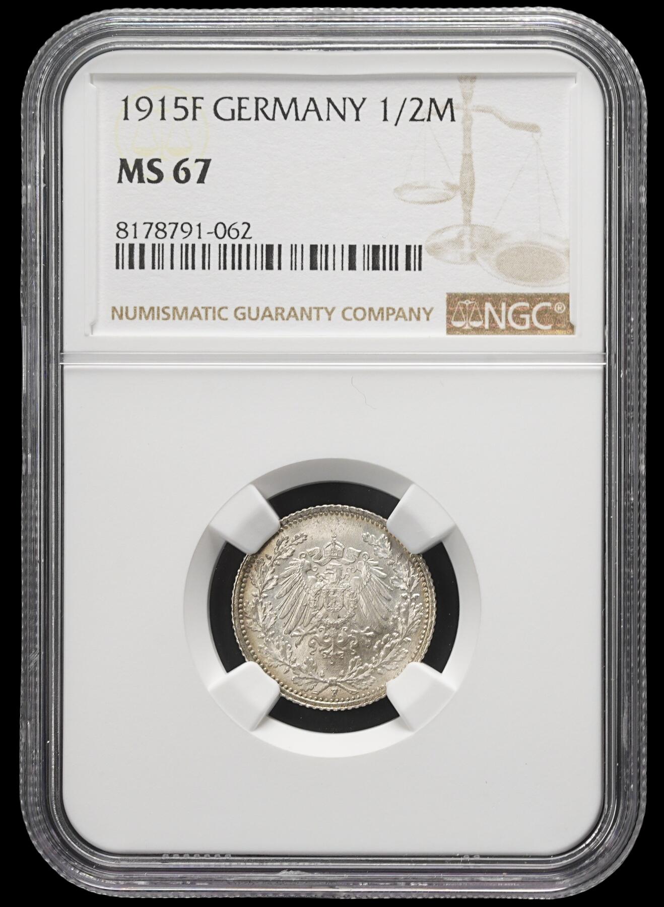 修遠堂世界钱币第三十七期 全场包邮 NGC MS67 1915年德国1/2马克银币 F厂铭