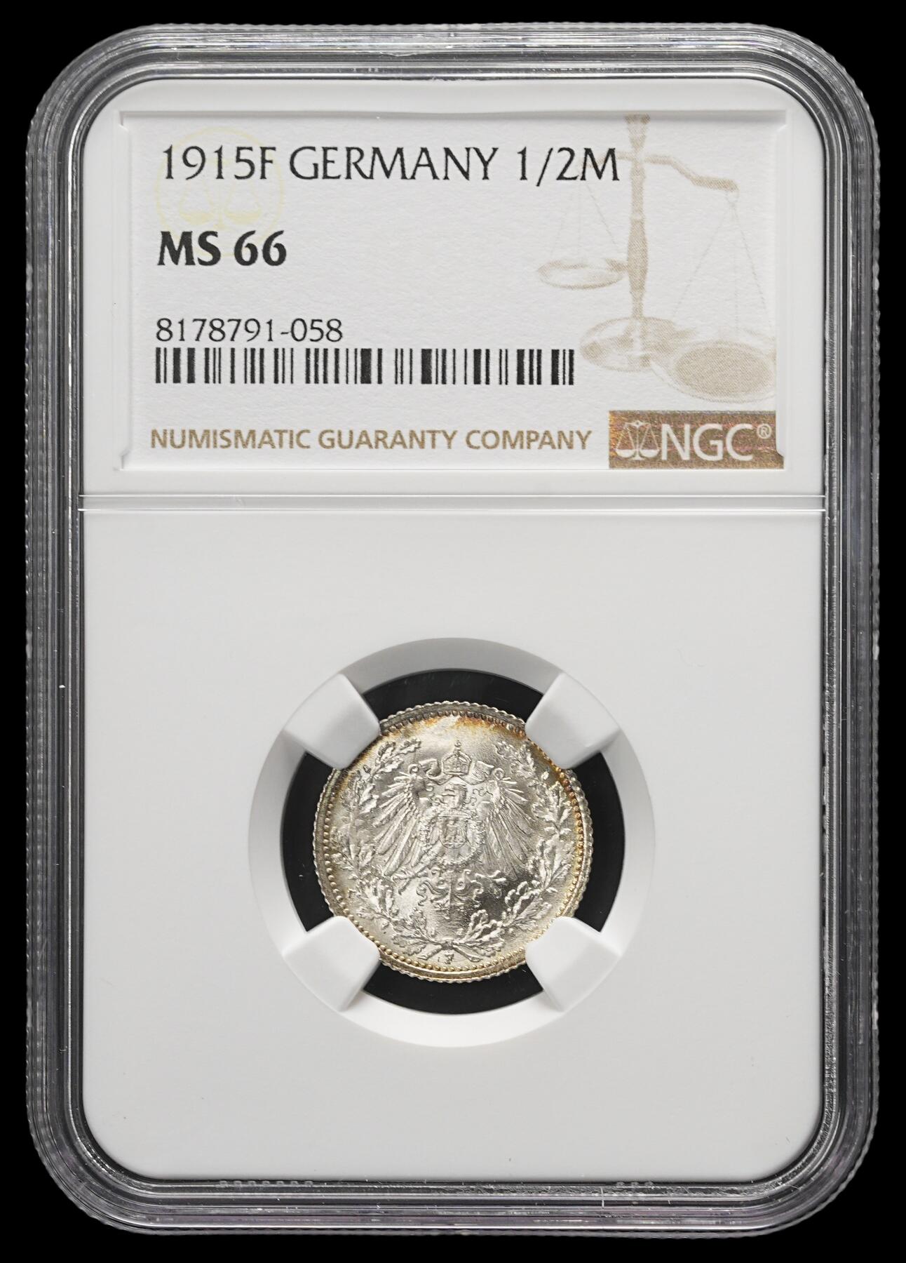 修遠堂世界钱币第三十七期 全场包邮 NGC MS66 1915年德国1/2马克银币 F厂铭