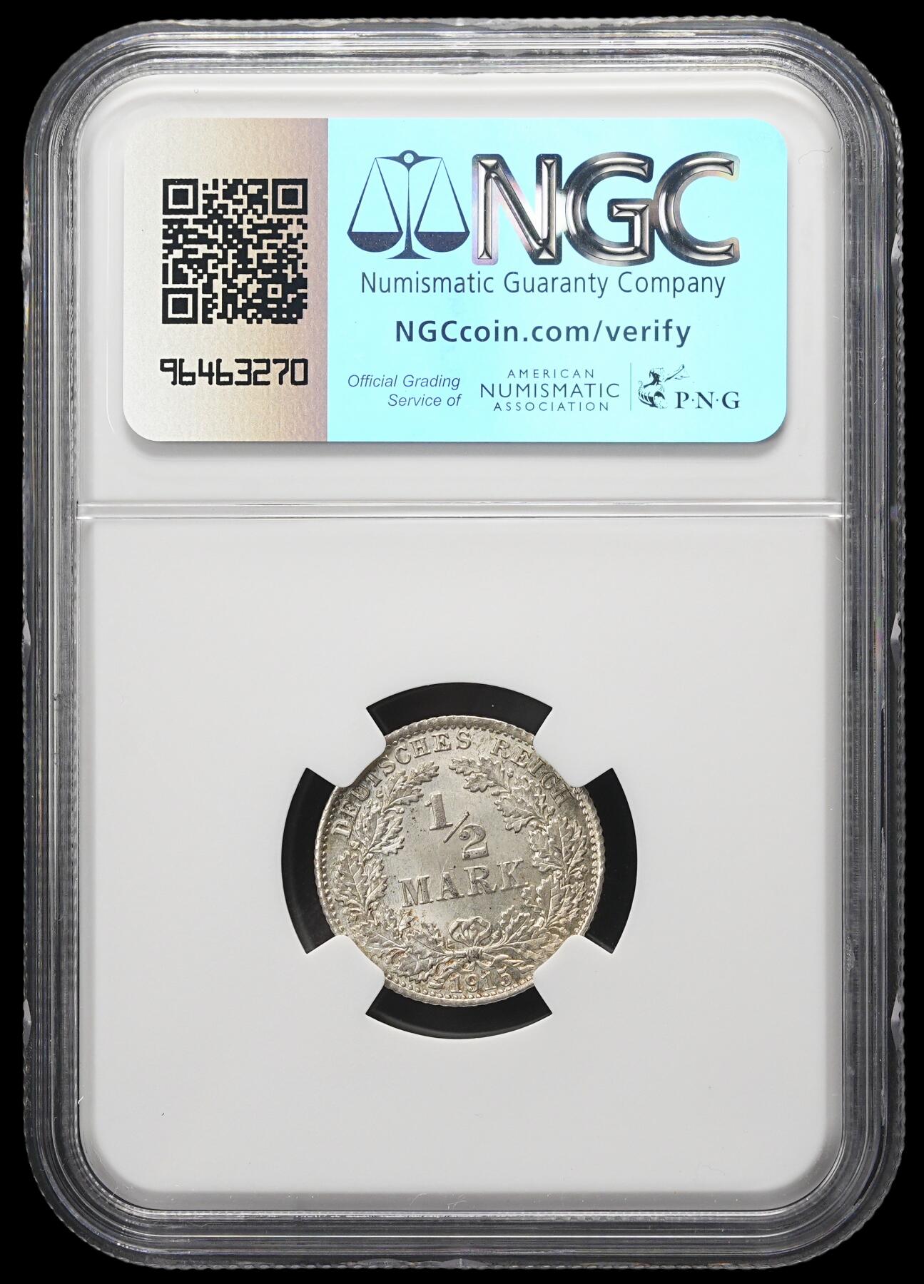 修遠堂世界钱币第三十七期 全场包邮 NGC MS65 1915年德国1/2马克银币 D厂铭